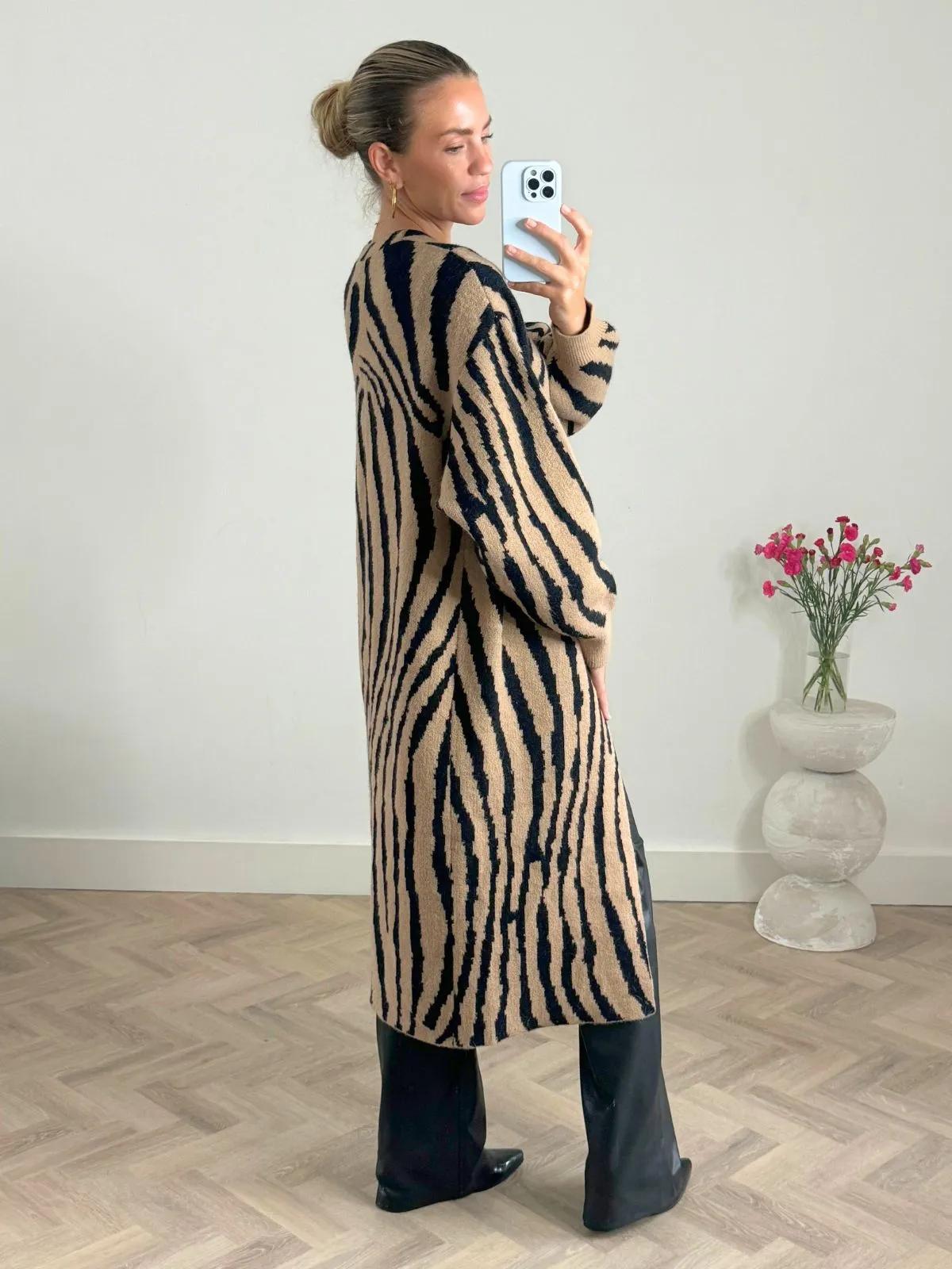 Eliana Zebra Cardigan In Neutral & Black Layered Edging Sleek Wear