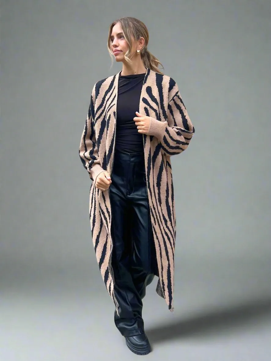 Eliana Zebra Cardigan In Neutral & Black Office Layer