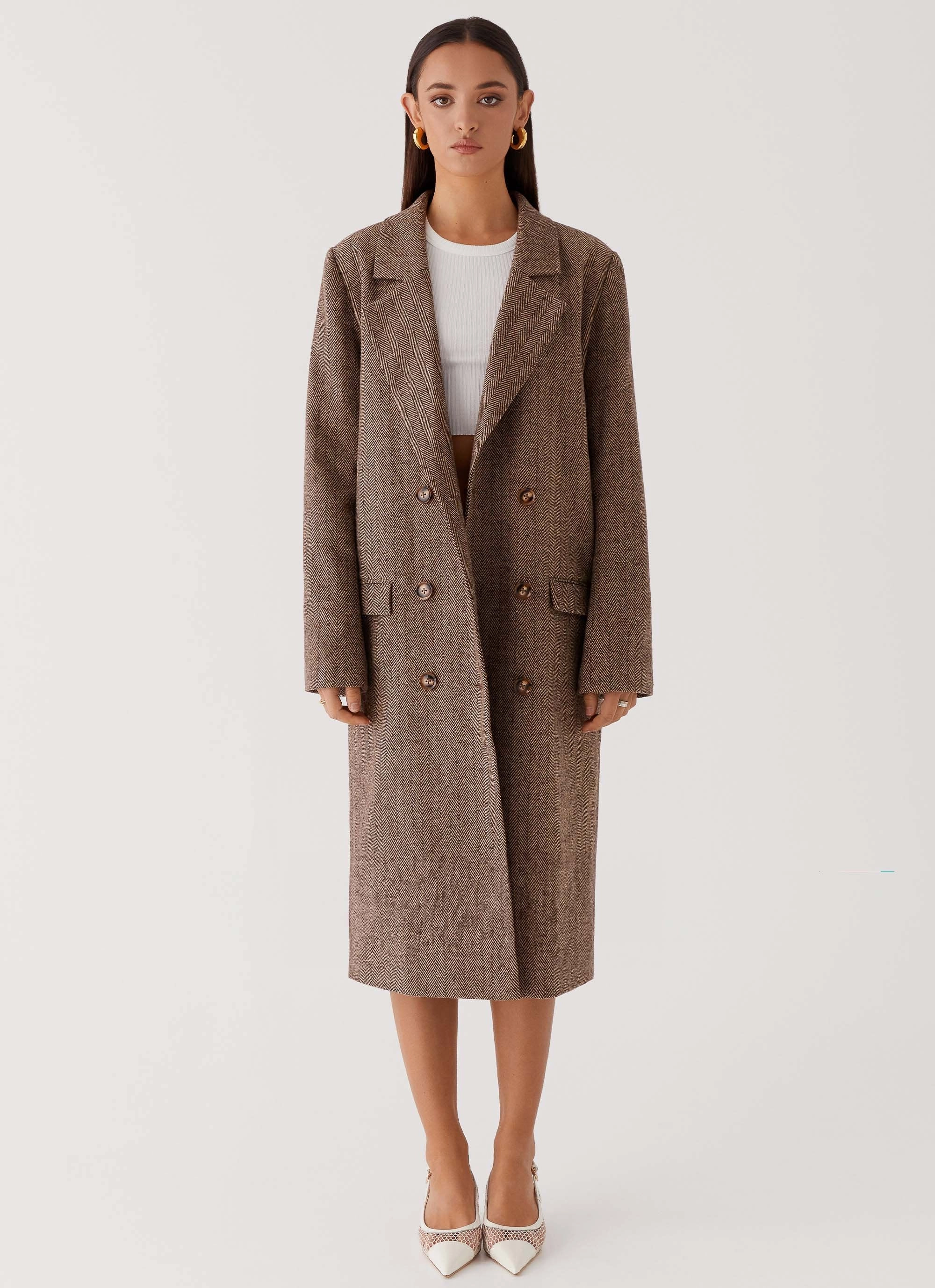 Four Way Stretch Material Mid Length Design Since Way Back Longline Coat - Brown