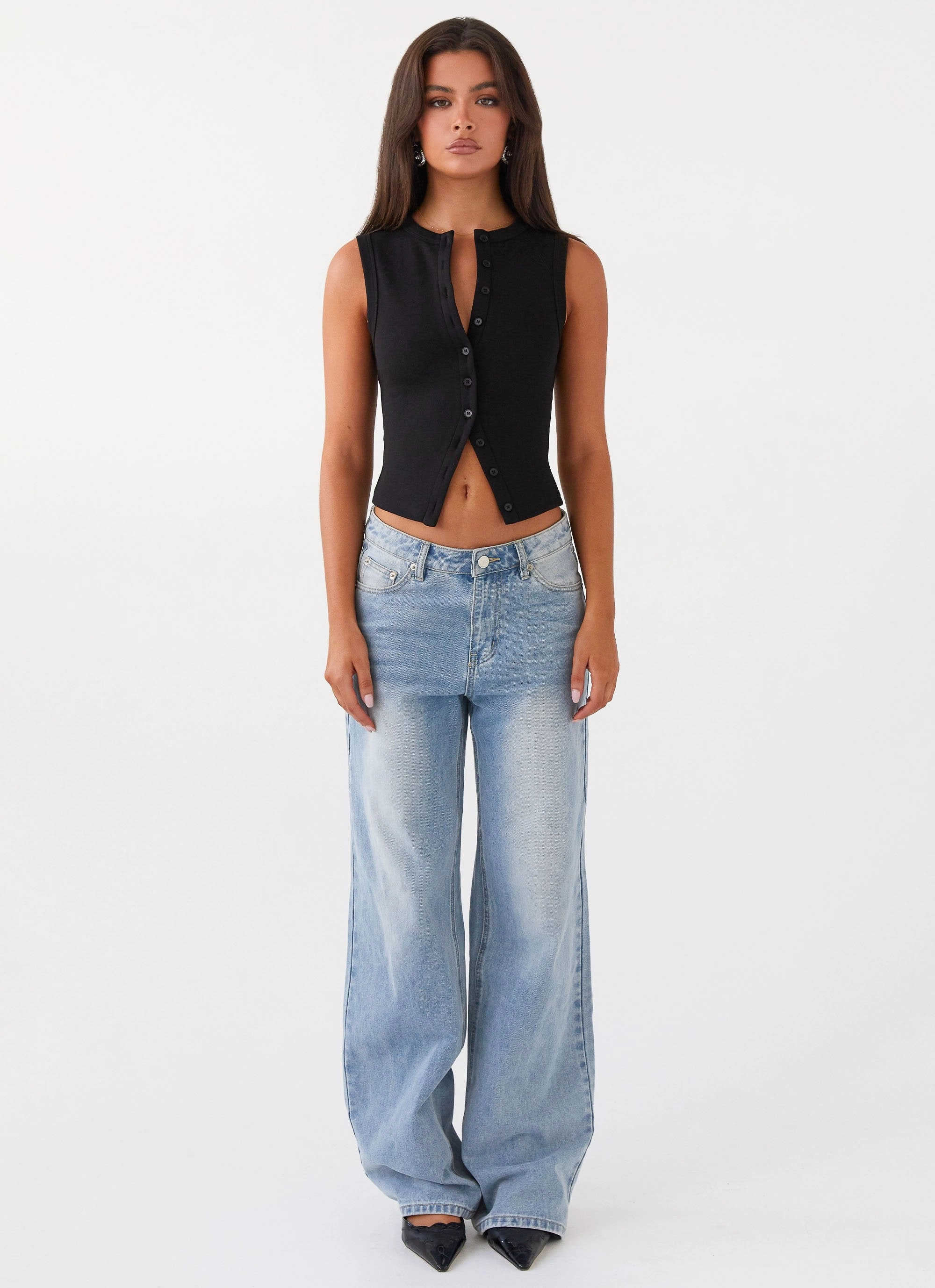 Blair Buttoned Tank Top - Black LowMaintenanceMaterial SweatWicking Fabric