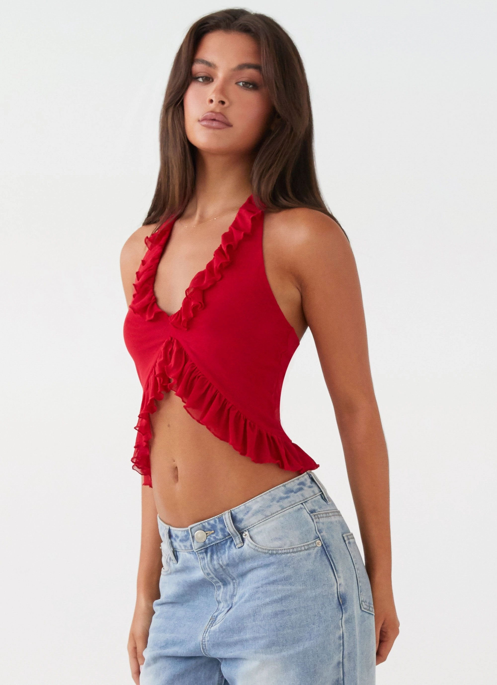Tanya Mesh Frill Top - Red Soft Inner Lining