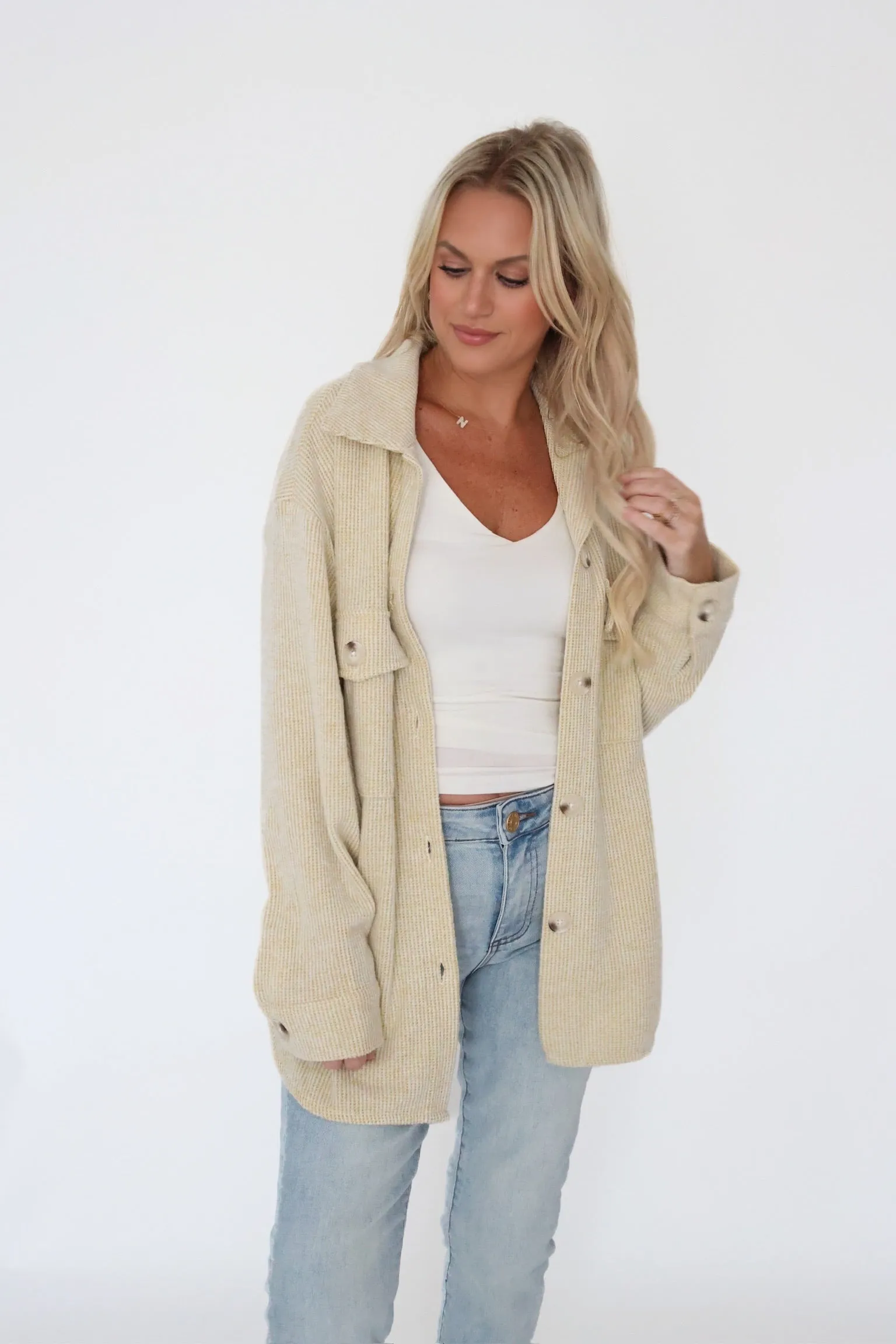 Ari Waffle Knit Shacket - Lime ThermalInsulation Bonded Hemline