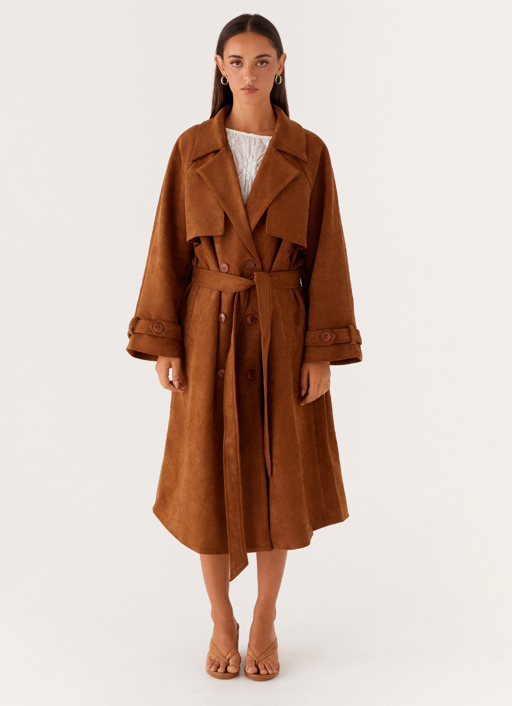 Bridie Faux Suede Trench Coat - Brown ElasticCuffs