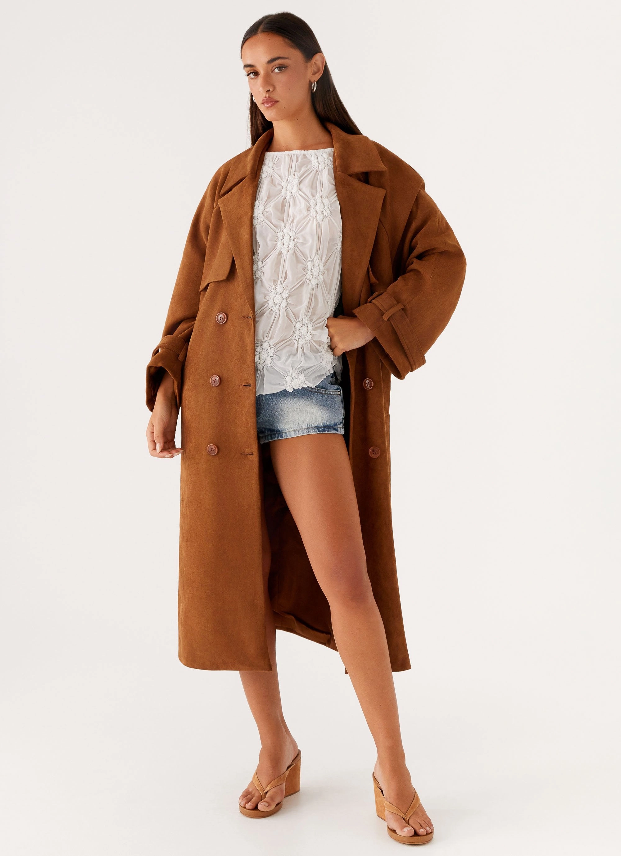 Tagless Neckline Design Bridie Faux Suede Trench Coat - Brown