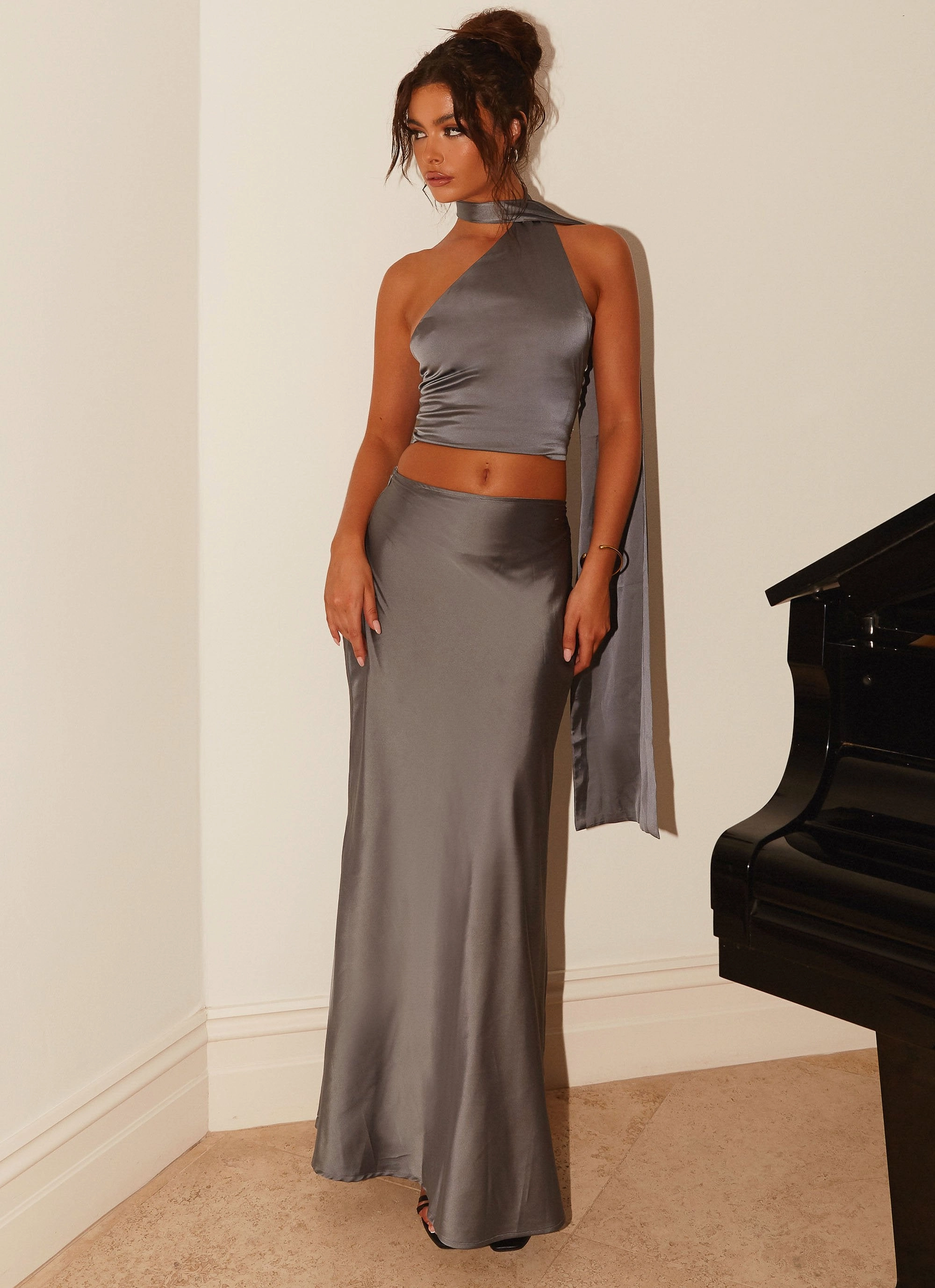 Josefina Satin Maxi Skirt - Slate Secure Internal Pockets