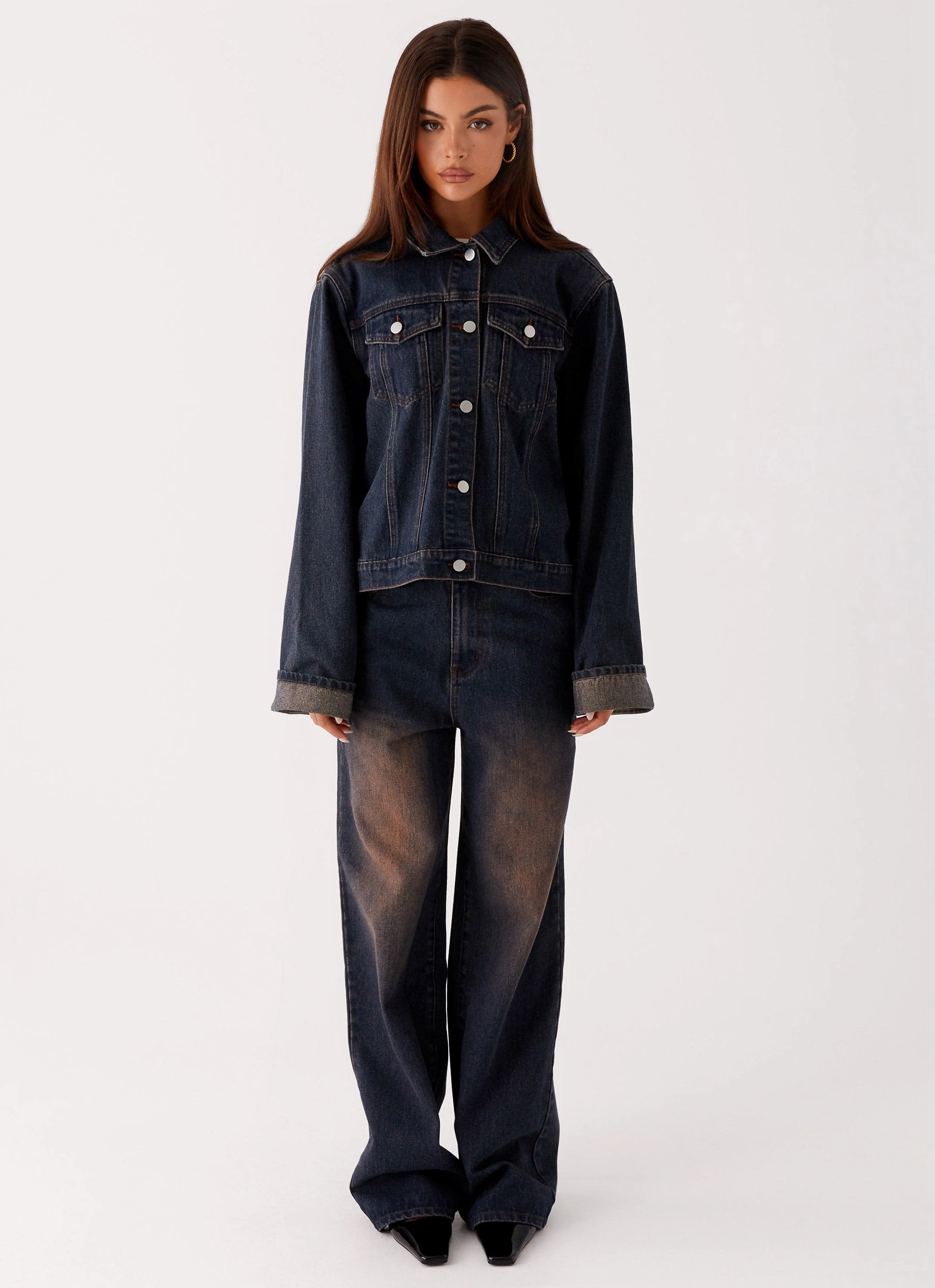 OdorResistantFabric Back Again Oversized Denim Jacket - Brown Blue Acid Wash