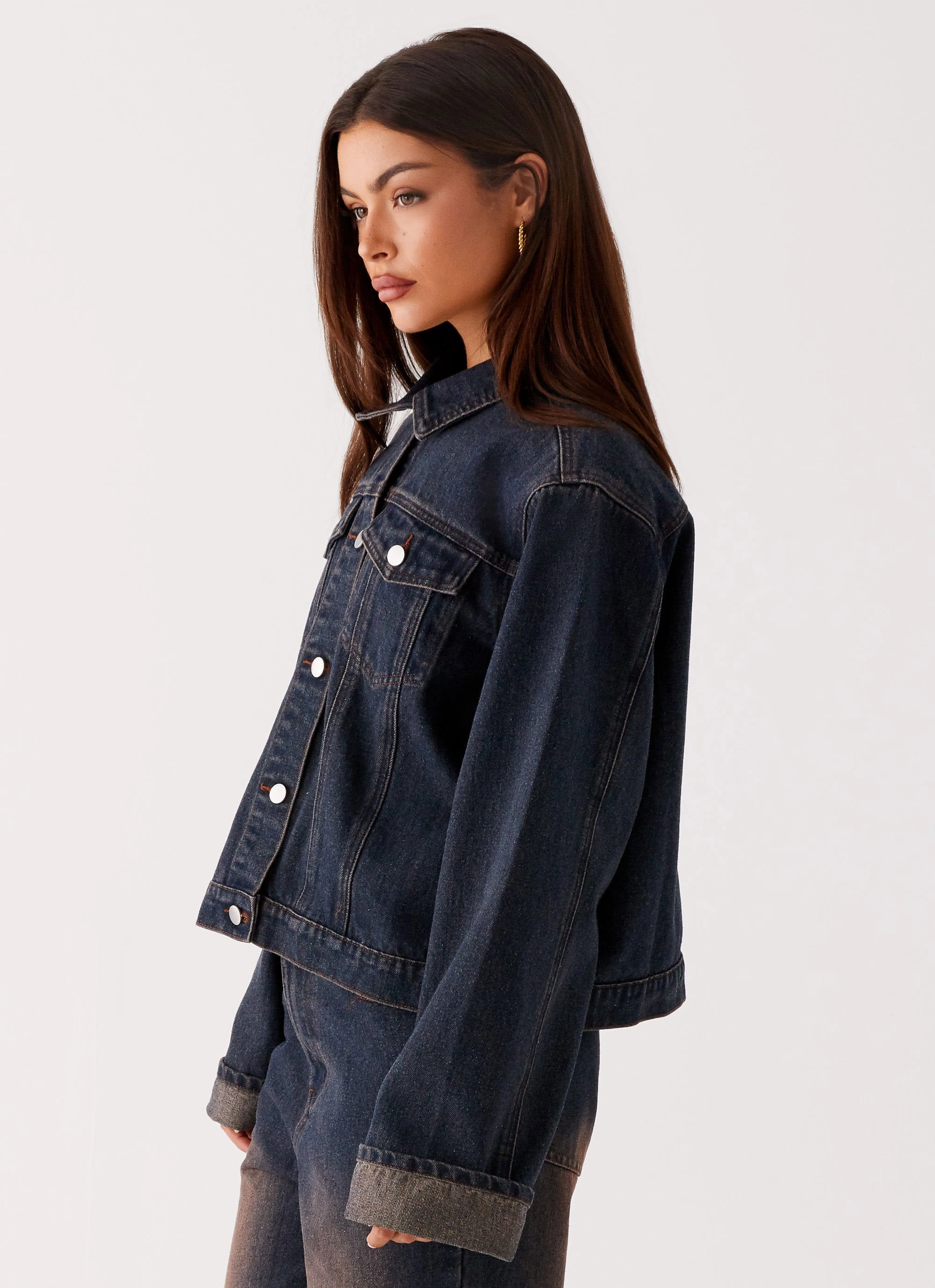Adjustable Hood Feature Back Again Oversized Denim Jacket - Brown Blue Acid Wash