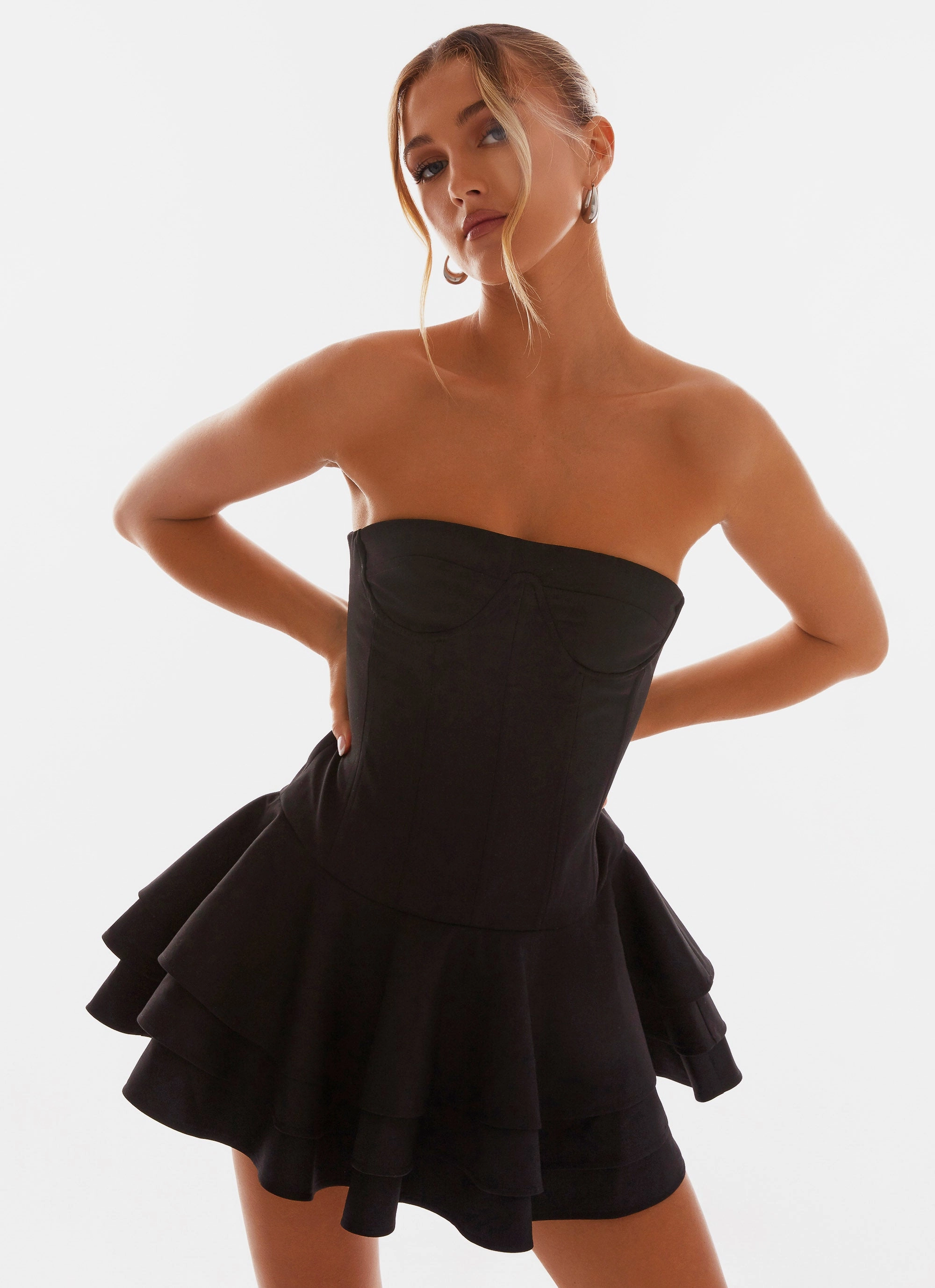 Floriana Ruffle Corset Mini Dress - Black Vibrant color