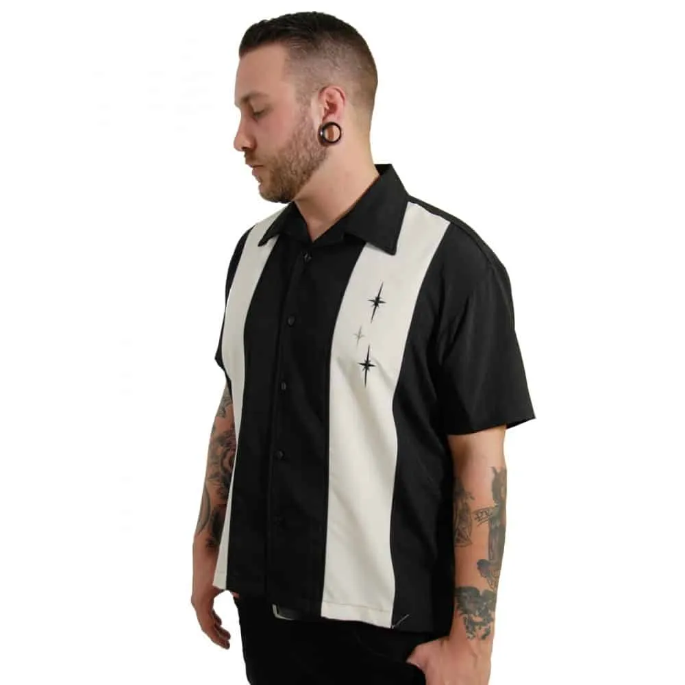 Three Star Panel Black Bowling Shirt by Steady Clothing