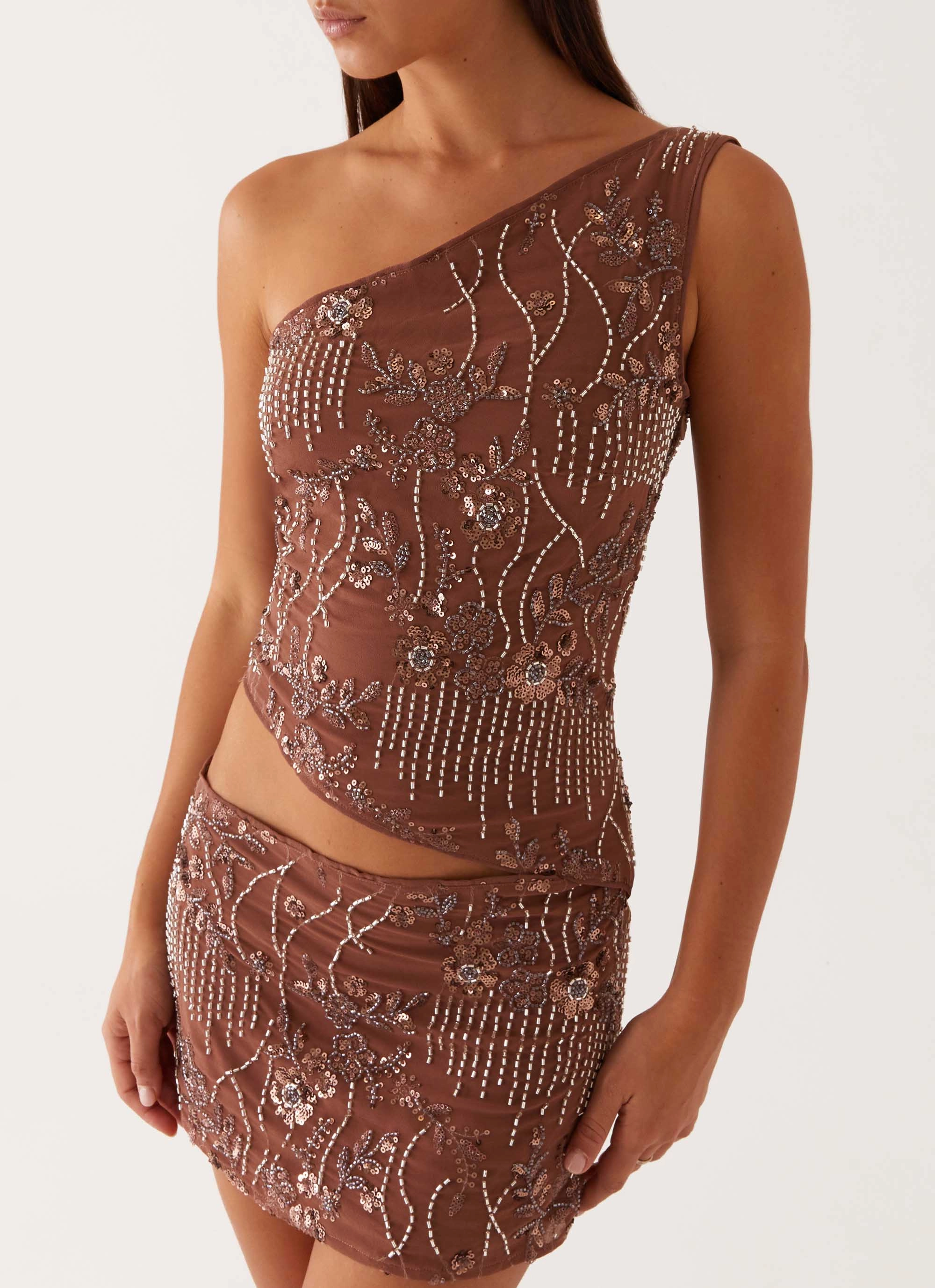 Through The Night One Shoulder Mini Dress - Chocolate Chic Statement