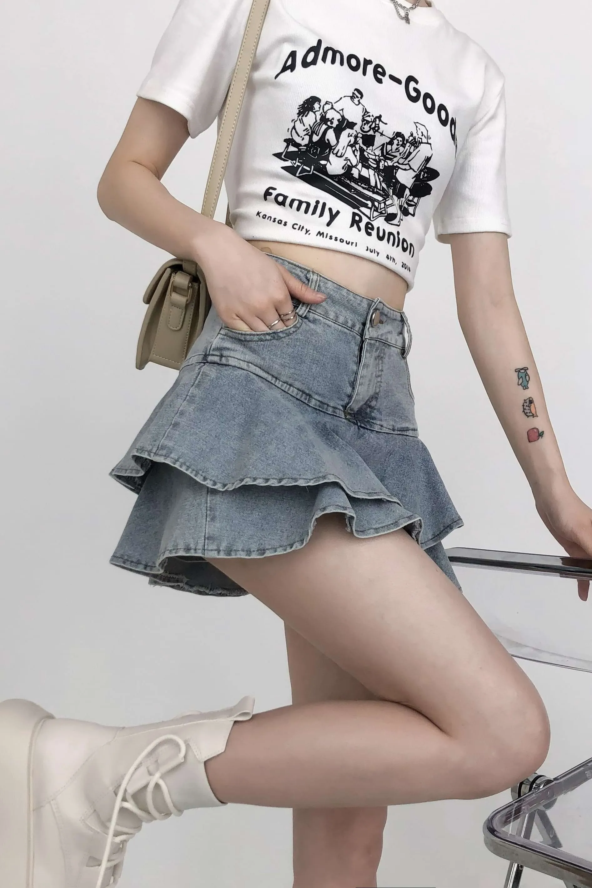 Tiered Pleated Denim Mini Skirt