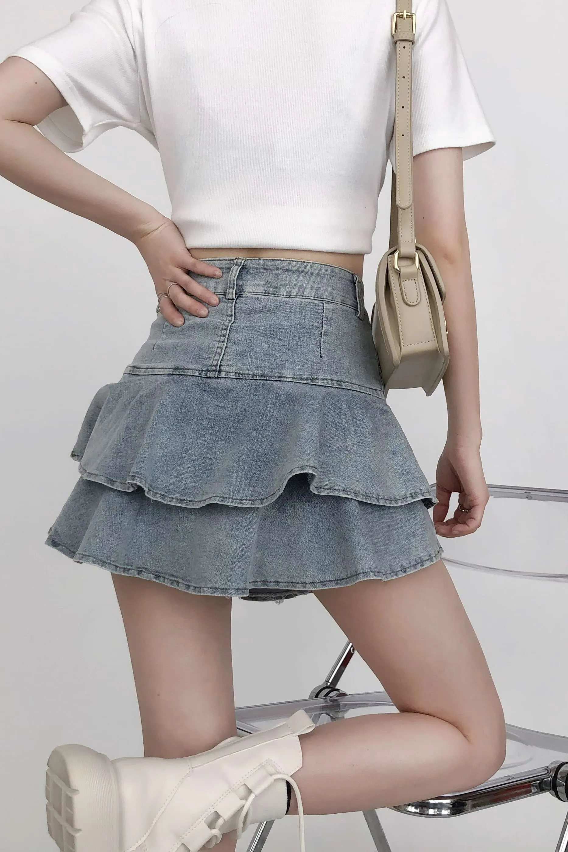 Tiered Pleated Denim Mini Skirt