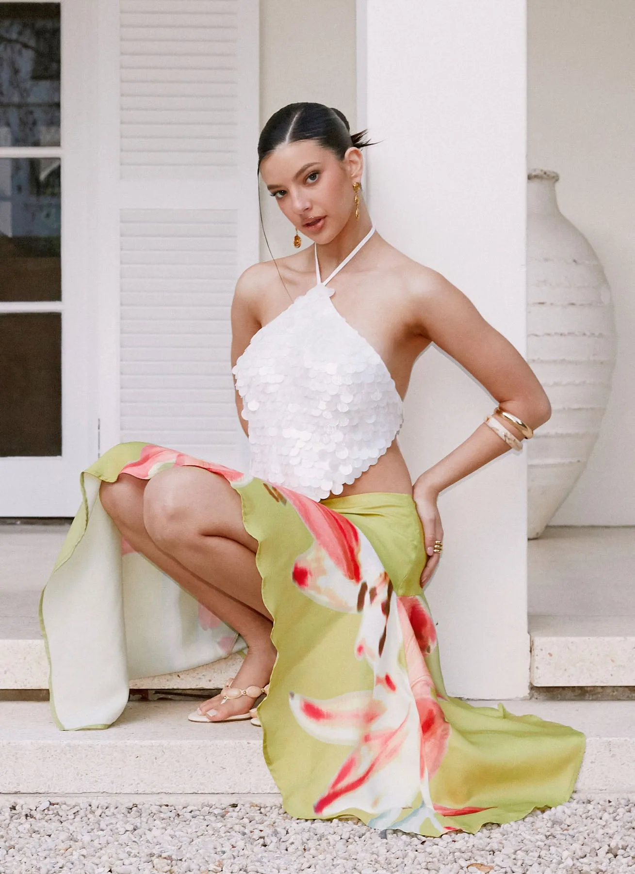 Tijana Beaded Halter Top - Ivory ElasticEdgeBinding