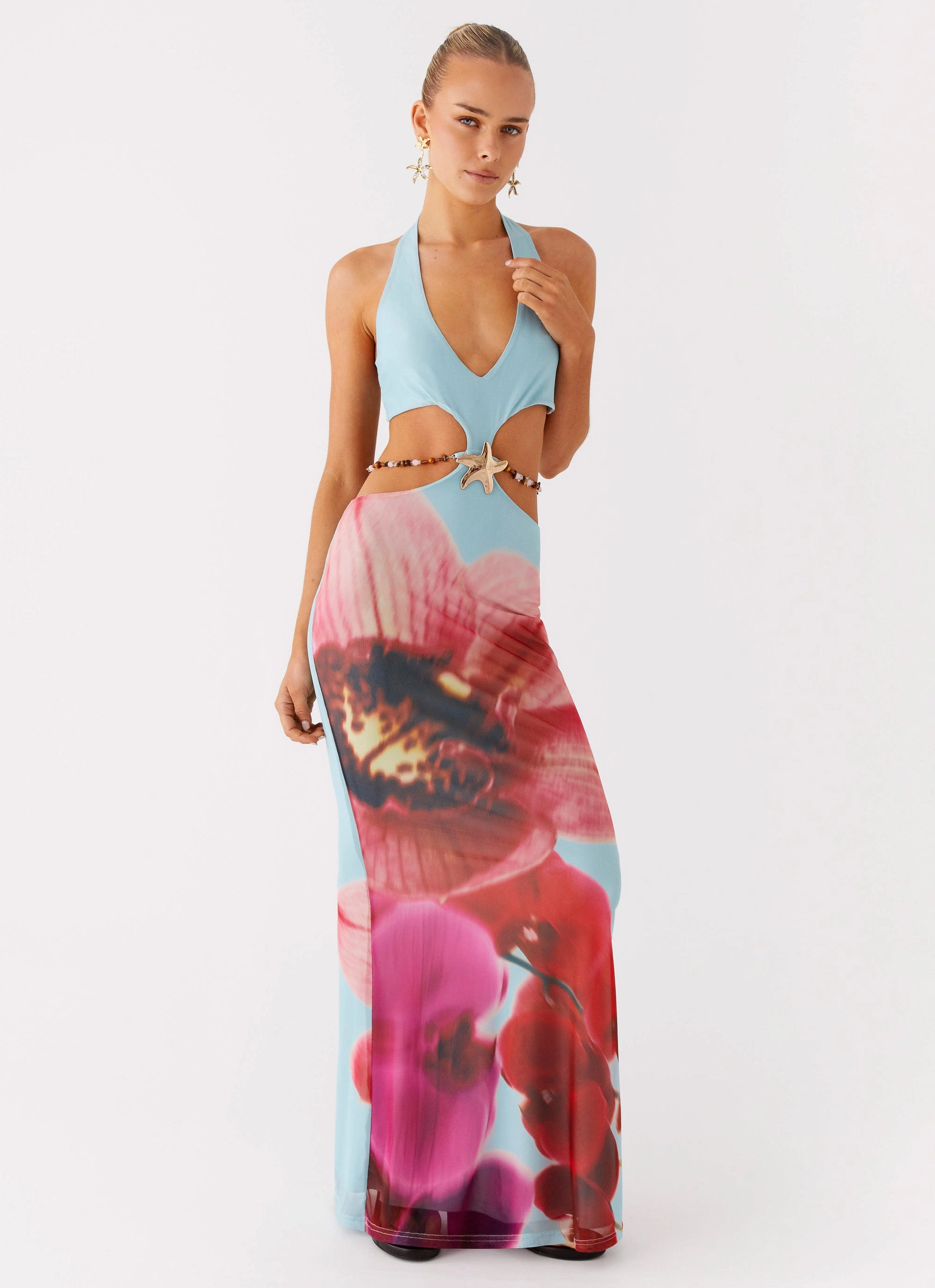 Timeless Waistband Fit Bare Arm Time To Dance Maxi Dress - Turquoise Bloom