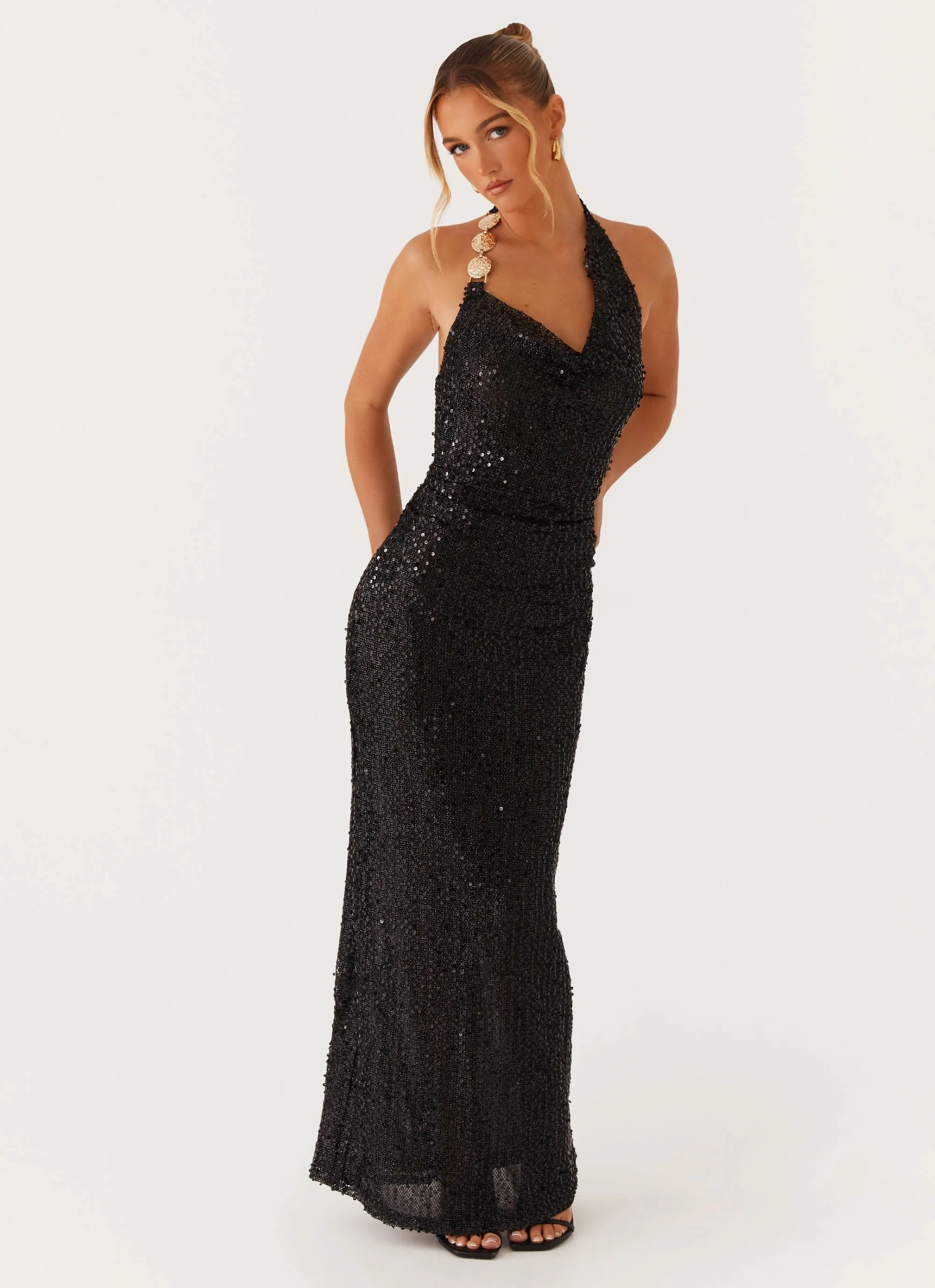 After Tonight Sequin Cowl Neck Maxi Dress - Black Polished Cut Versatile Comfort