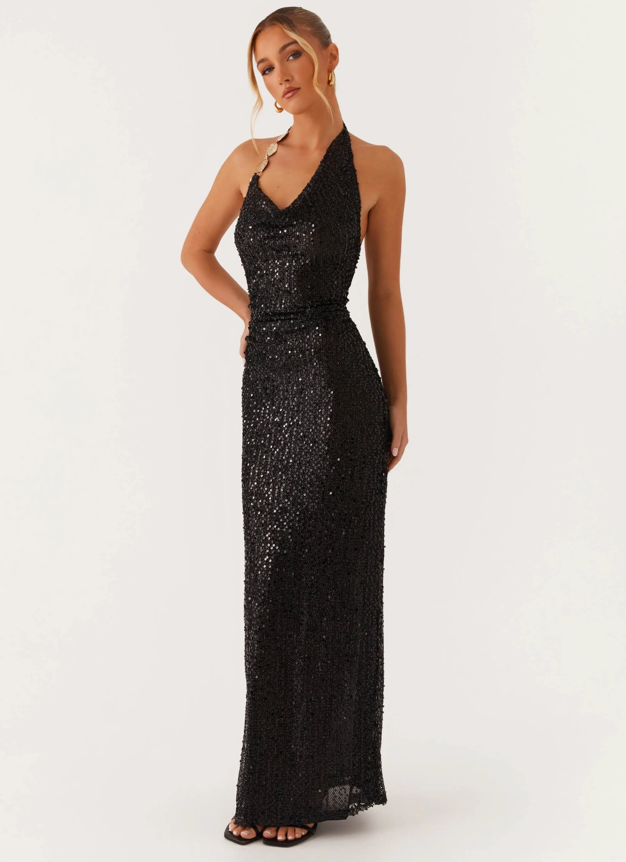 After Tonight Sequin Cowl Neck Maxi Dress - Black Unique Cut Glossy-Finish