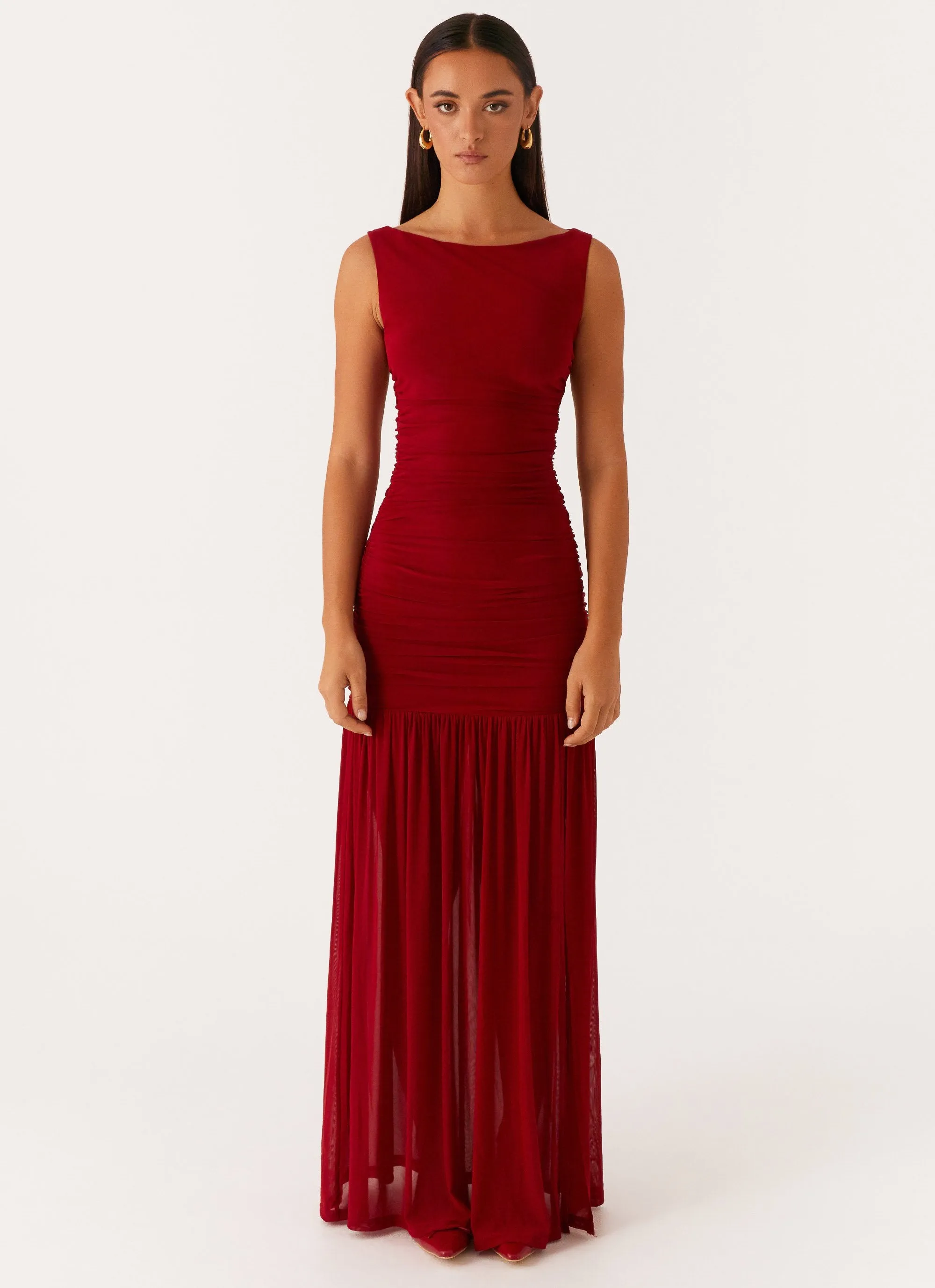Manon Maxi Dress - Red Gathered-Detail