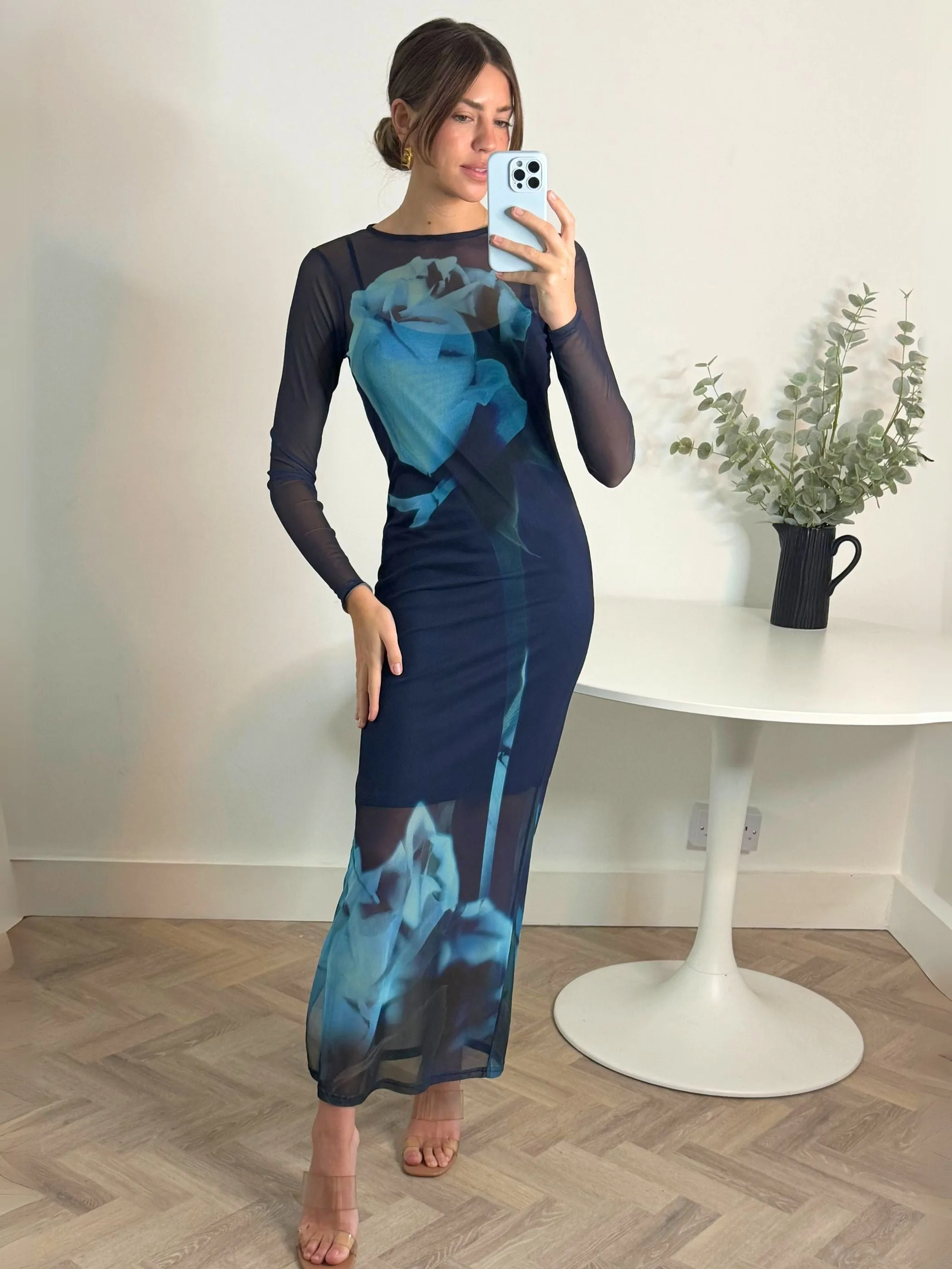 Cotton Touch Sculpted Form Elma Long Sleeve Mesh Maxi Dress in Blue Floral