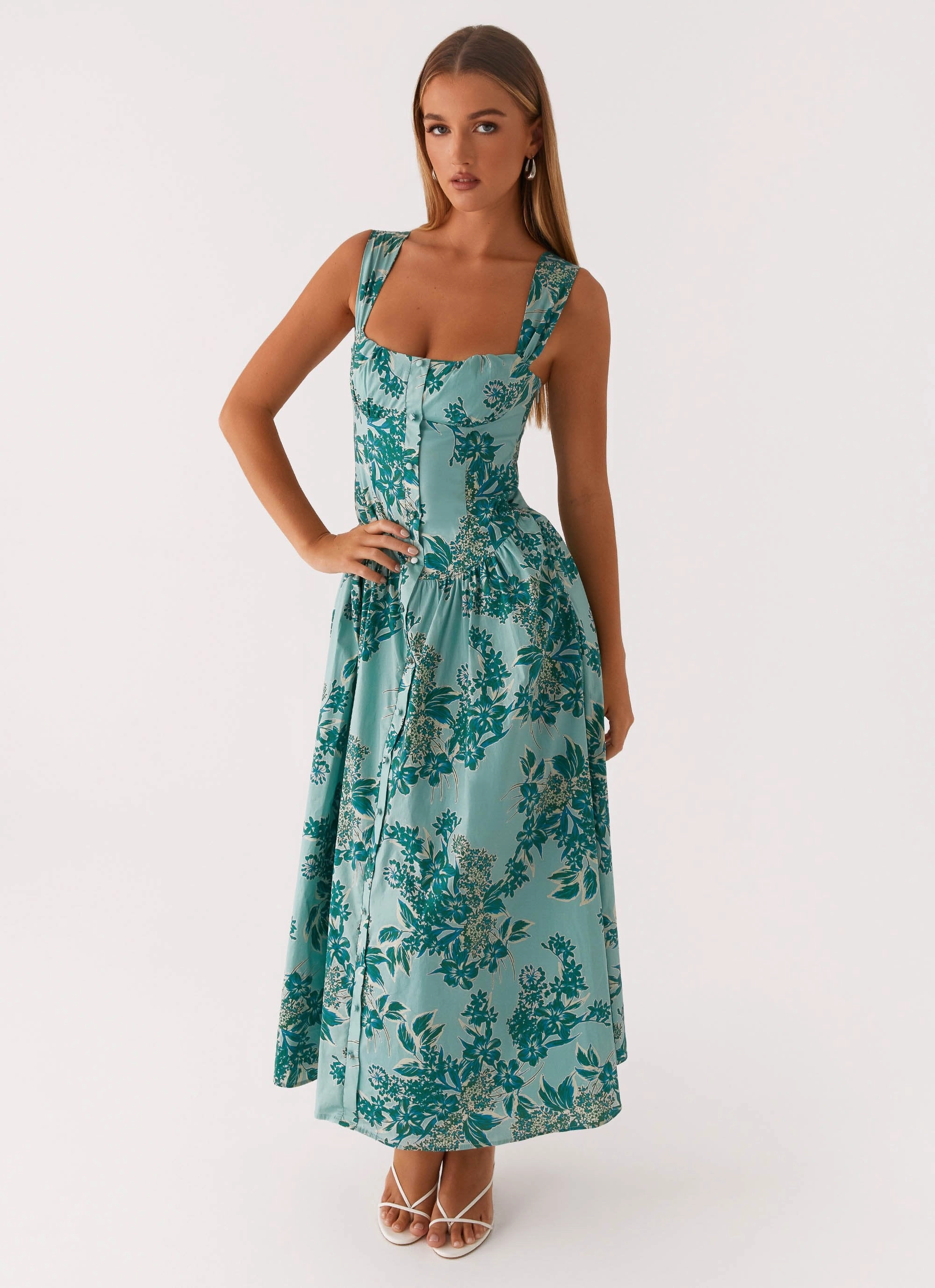 Emmalina Midi Dress - Cloud Nine Floral Chic Casual Wear Mid Fit