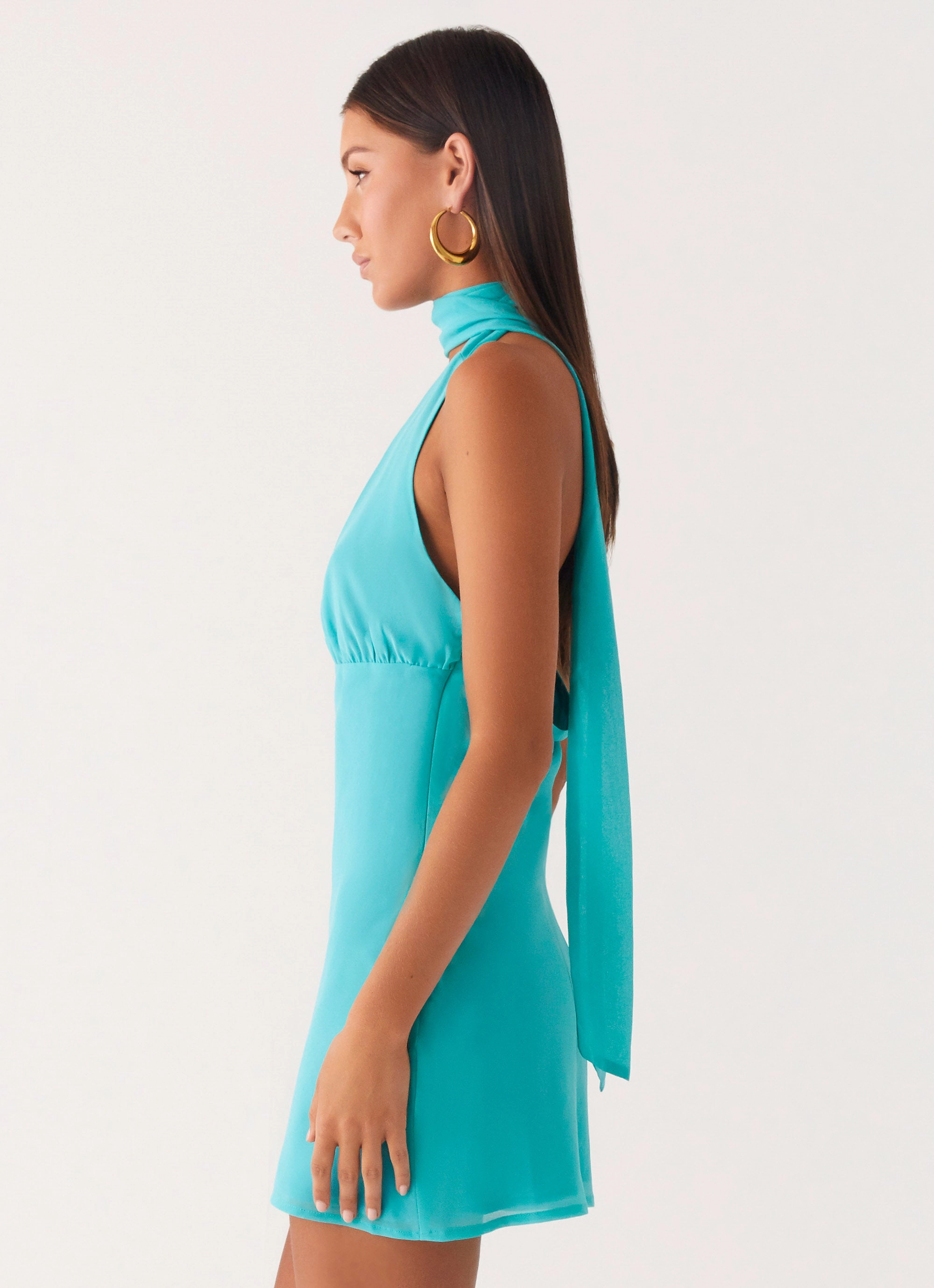 Melisande Scarf Neck Mini Dress - Aqua Blue Midi-Length
