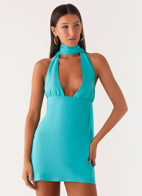 Melisande Scarf Neck Mini Dress - Aqua Blue Feminine Touch Day Fit