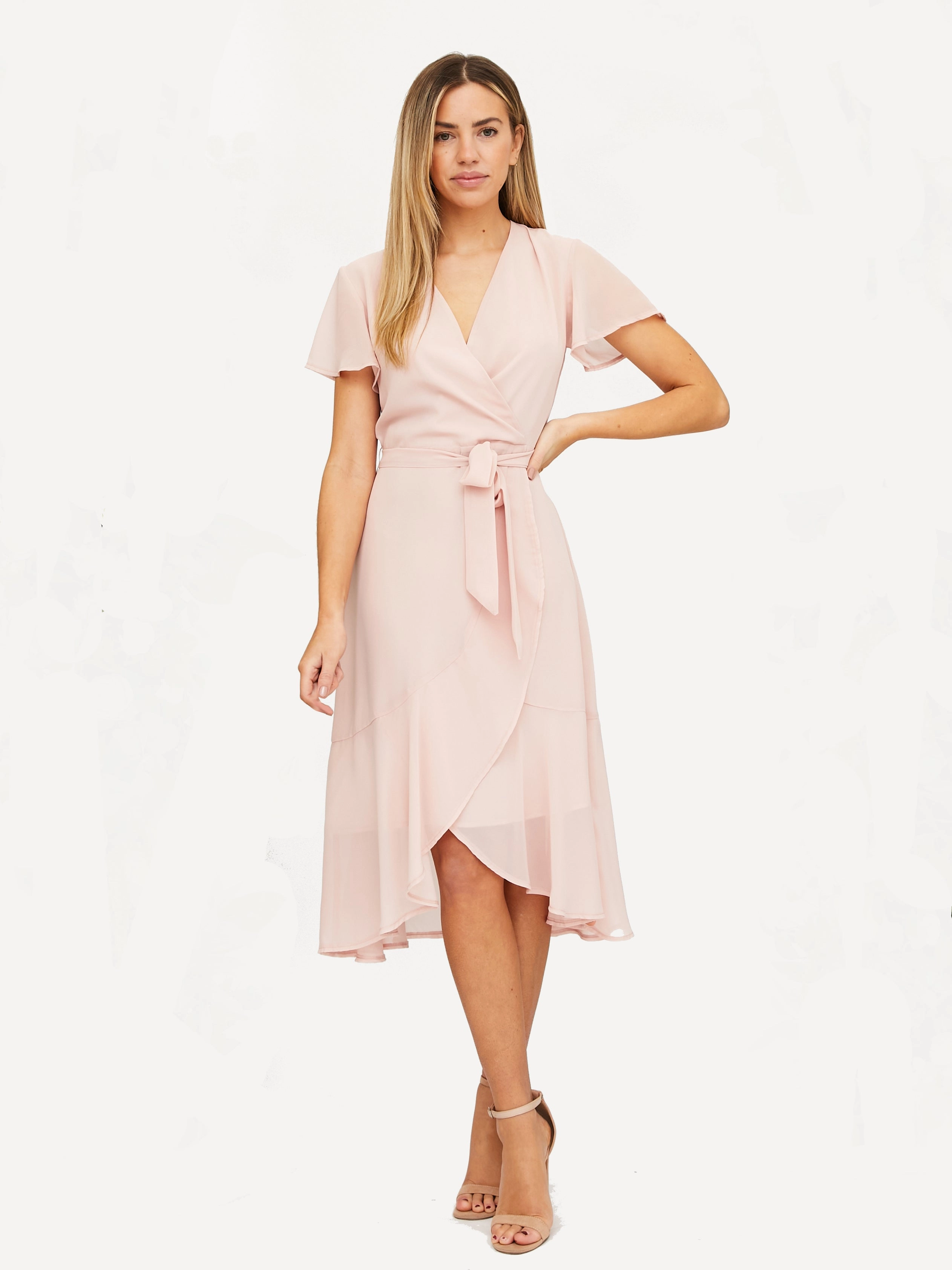 Smooth Shape Buckle-Detail Faith Midi Ruffle Dress / Blush
