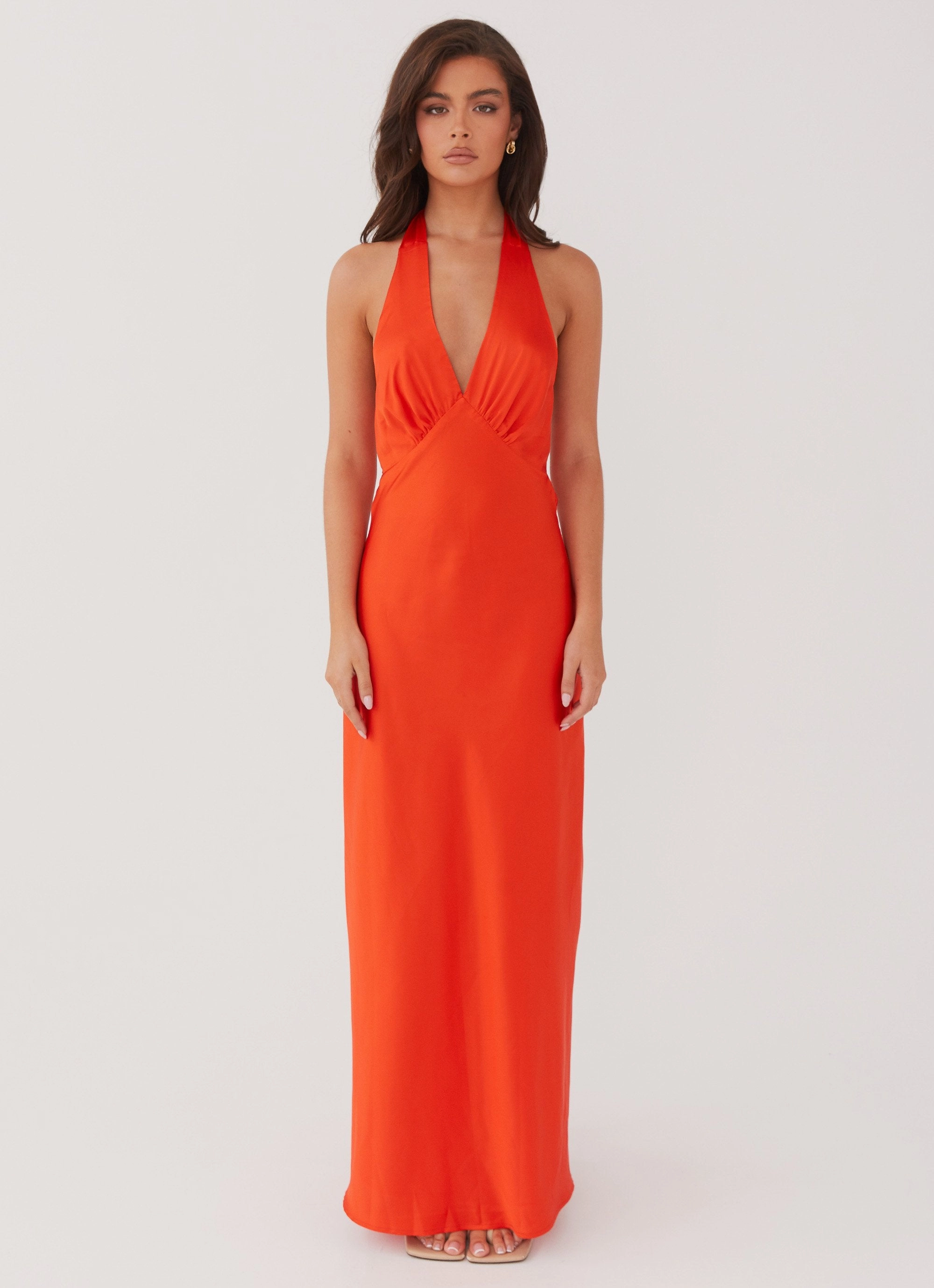 Halter neck Button Chic Heavy Hearted Satin Maxi Dress - Sunset