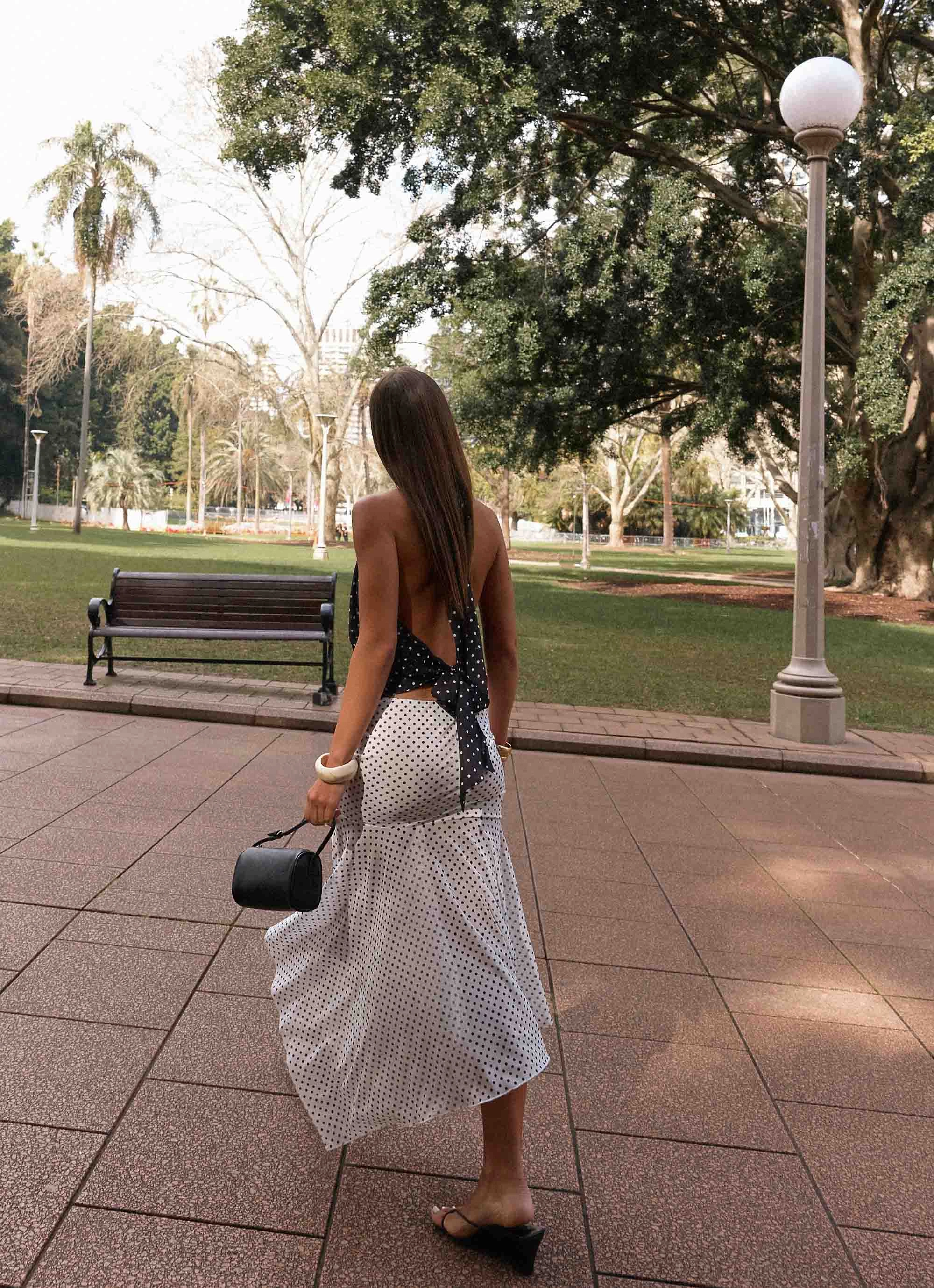 Buffy Maxi Skirt - White Polkadot Mesh Comfort Bold Waistband