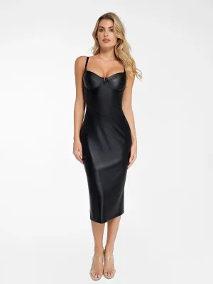 Shapewear Faux Leather Hourglass Corset Midi Dress WaterRepellent Coating Soft Material