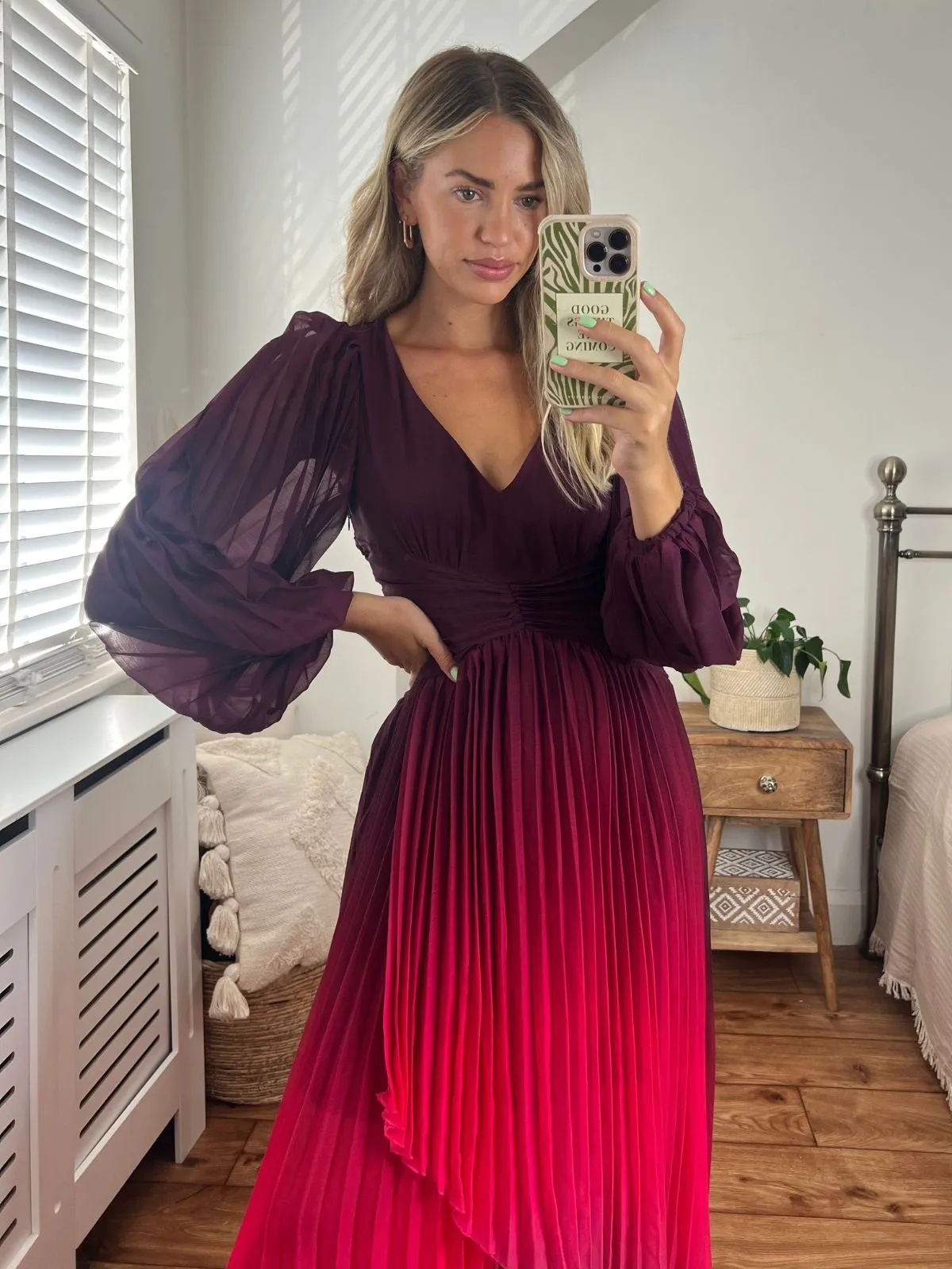 Air Layer Toni Long Sleeved Pleated Maxi Dress / Mulberry & Pink Ombre