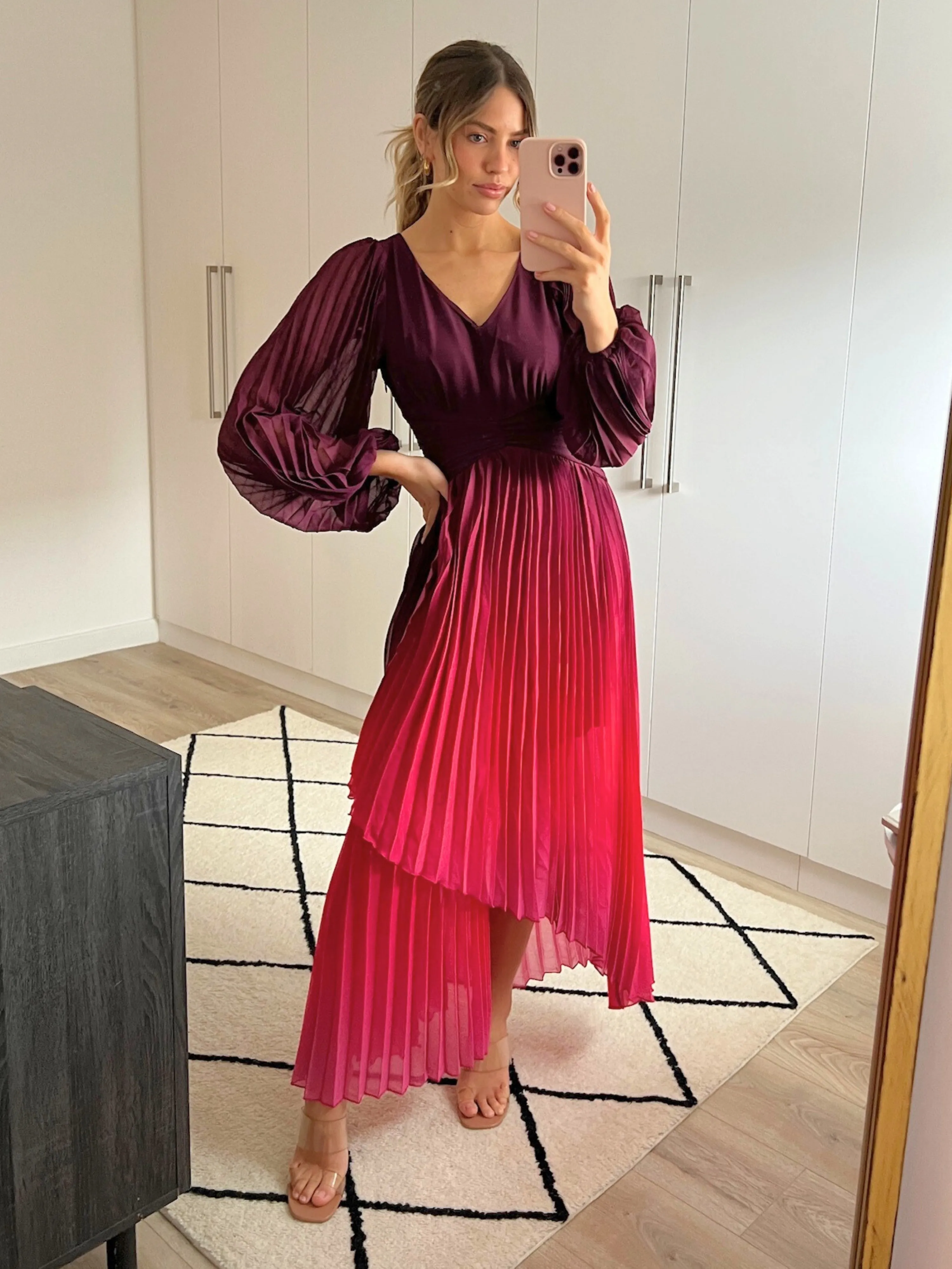 Toni Long Sleeved Pleated Maxi Dress / Mulberry & Pink Ombre Trend Fit Jewel Accent