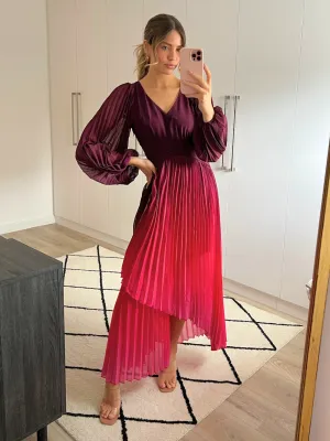 Toni Long Sleeved Pleated Maxi Dress / Mulberry & Pink Ombre Mood Casual Fashionable appearance