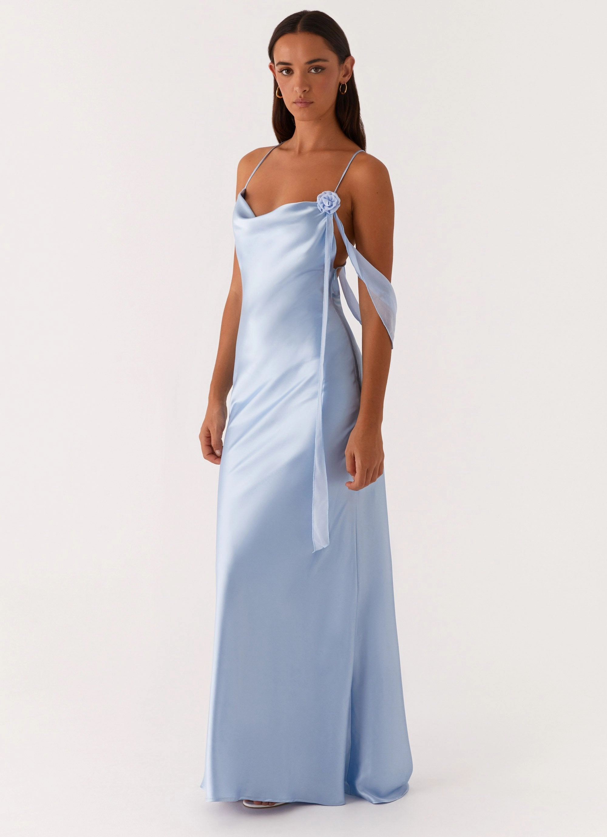 Minimal Aesthetic High Hemline Too Sweet Satin Maxi Dress - Blue