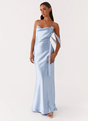 Natural Layers Drawstring-Closure Too Sweet Satin Maxi Dress - Blue