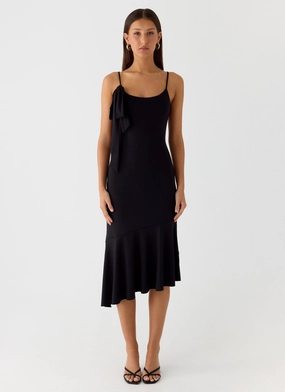 Tonal-Stitching Relaxed Movement Tranquility Asymmetric Midi Dress - Black