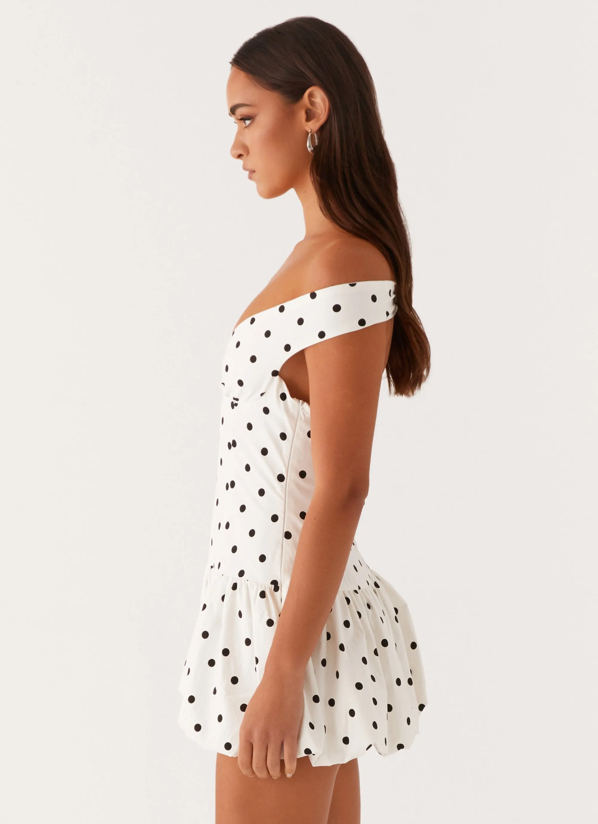 Endless Romance Off Shoulder Mini Dress - White Polka Dot Elegant Comfort