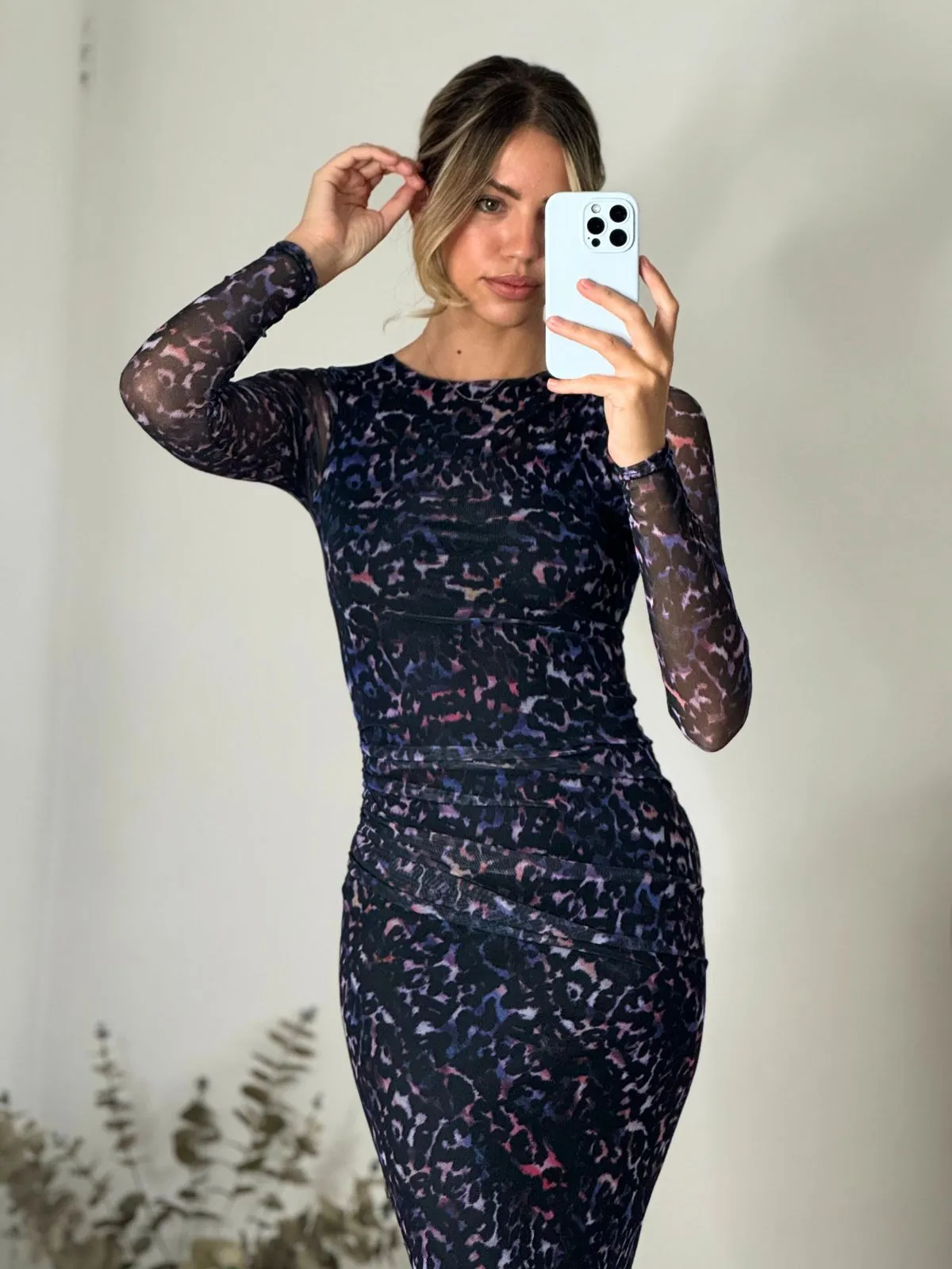 Clasp-Closure Maeva Mesh Long Sleeve Maxi Dress / Purple Animal