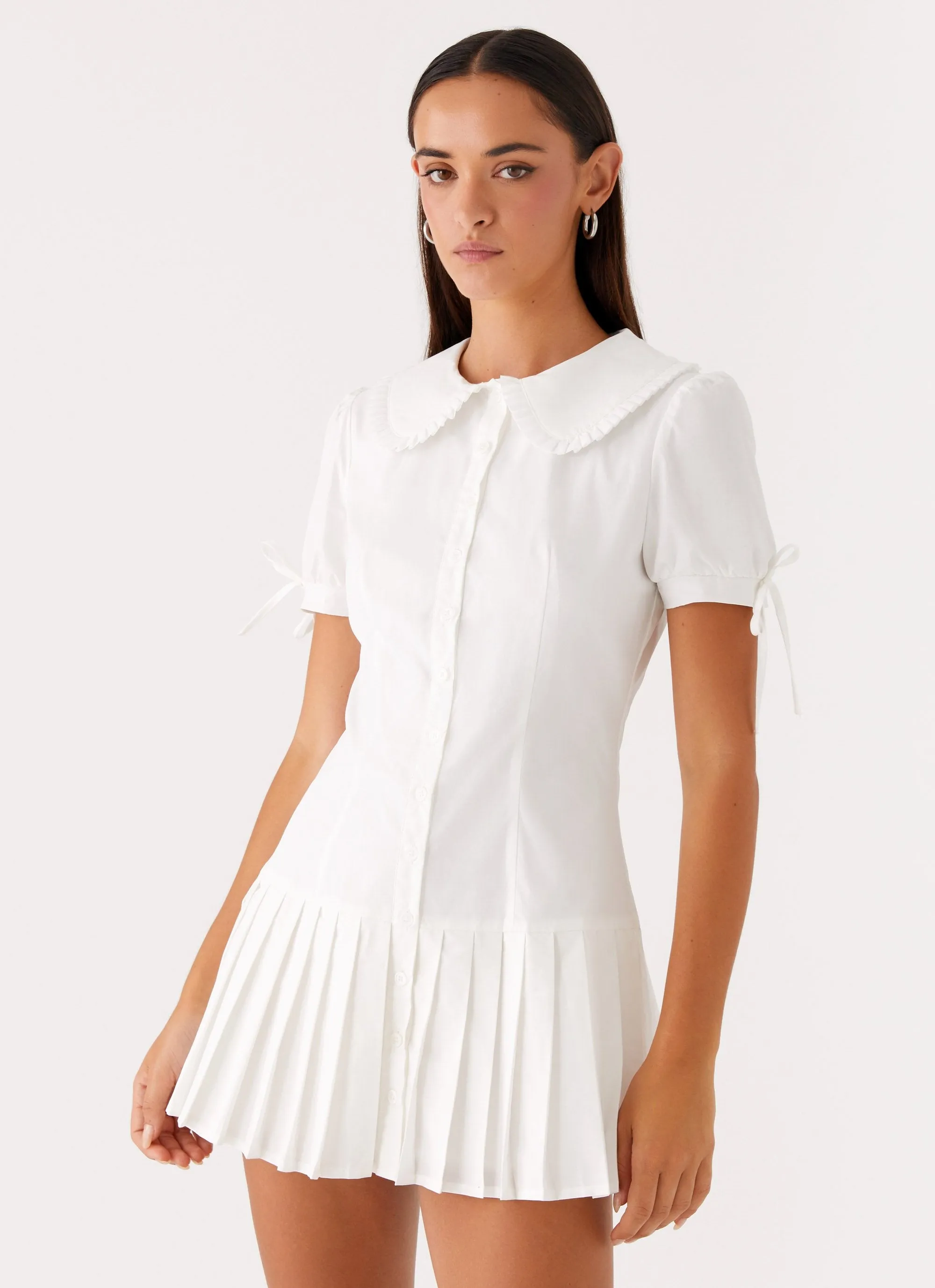 To Us Pleated Mini Dress - White Shiny surface