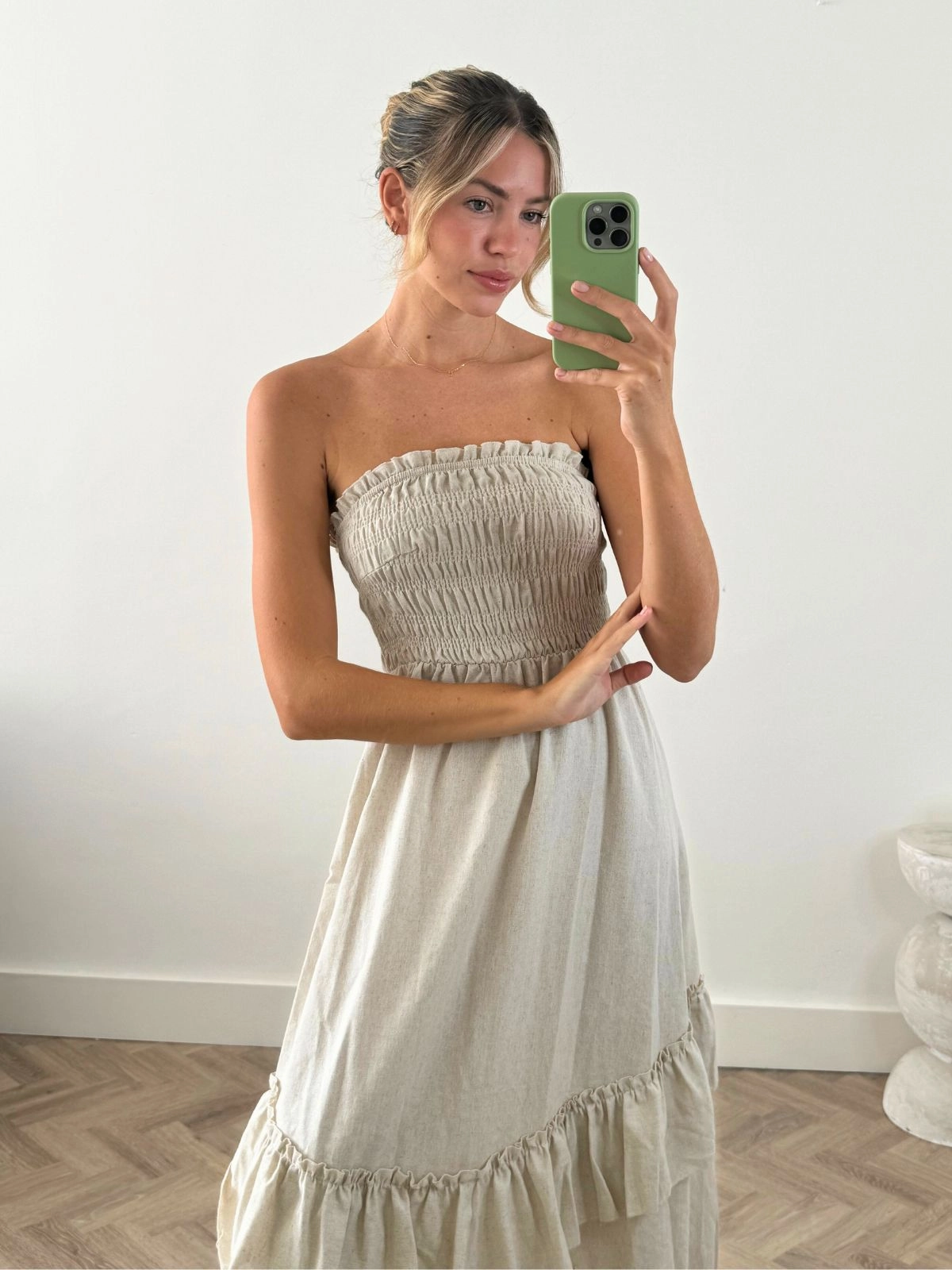 Feather Light Bright Mood Bessie Shirred Frill Midi Dress in Cream