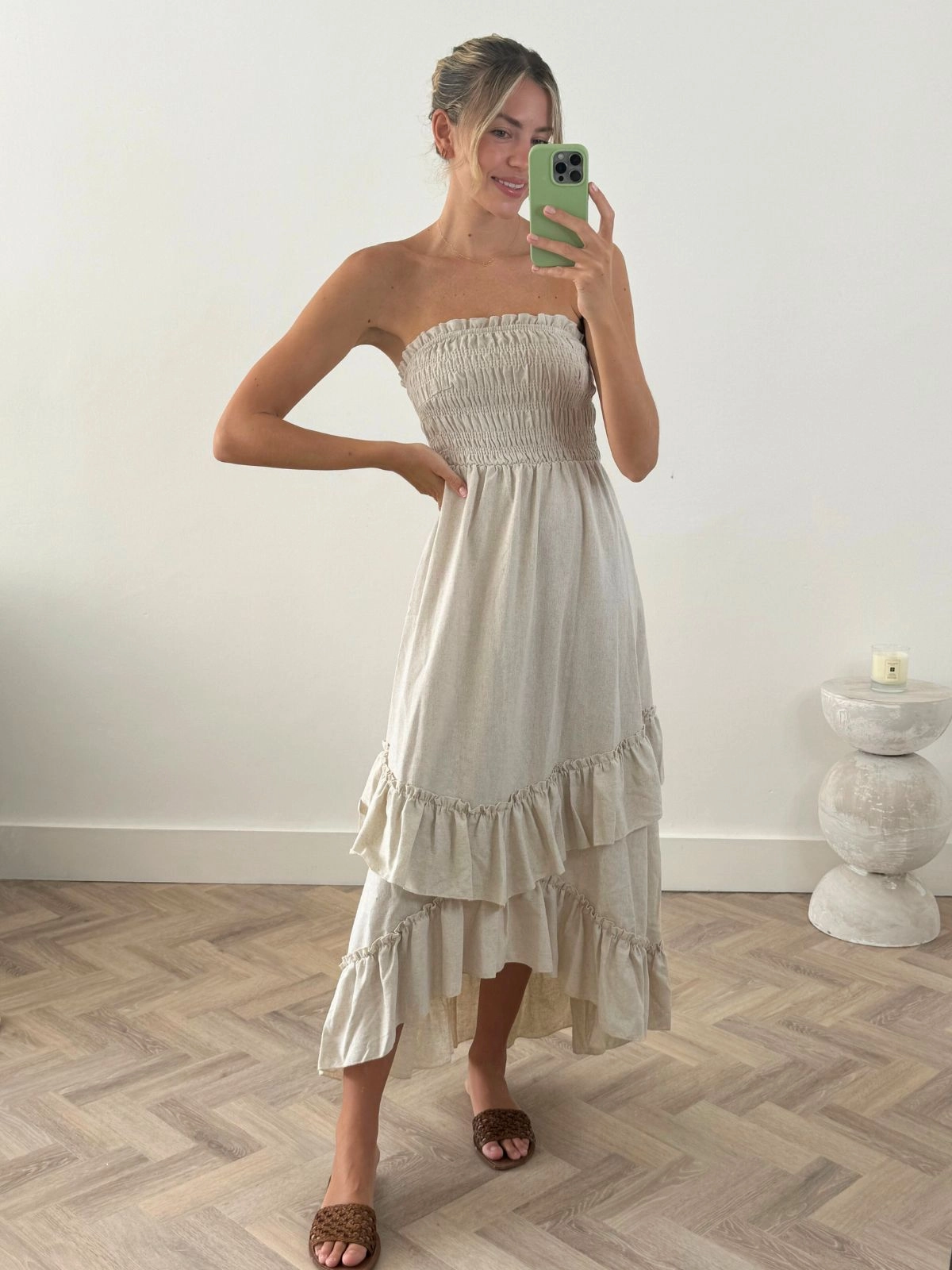 Bessie Shirred Frill Midi Dress in Cream Simple Elegance SustainableCotton