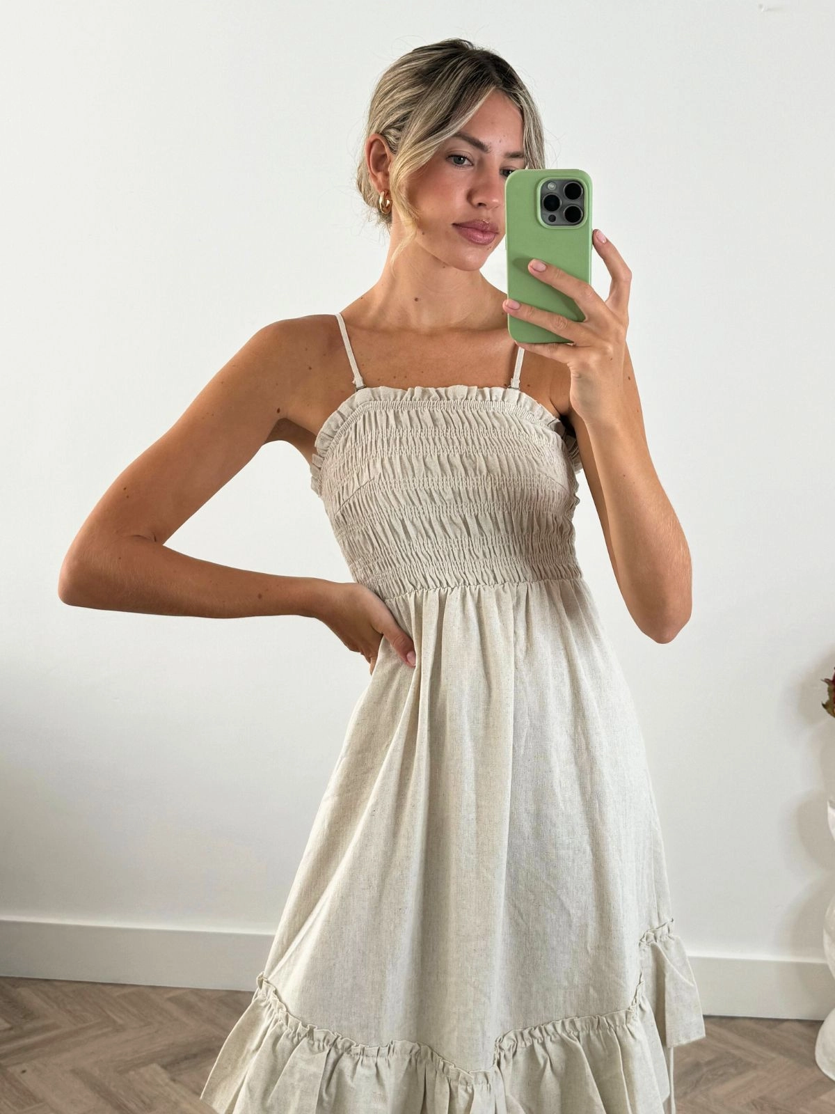 Bessie Shirred Frill Midi Dress in Cream Dream Look