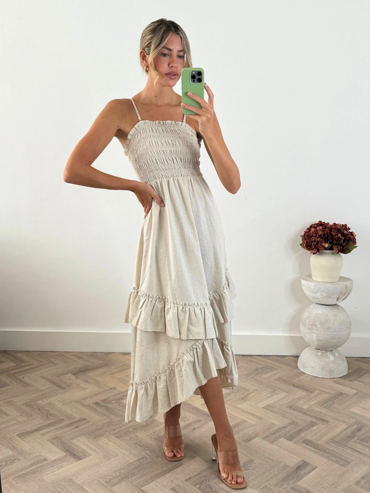 All-season garment Bessie Shirred Frill Midi Dress in Cream