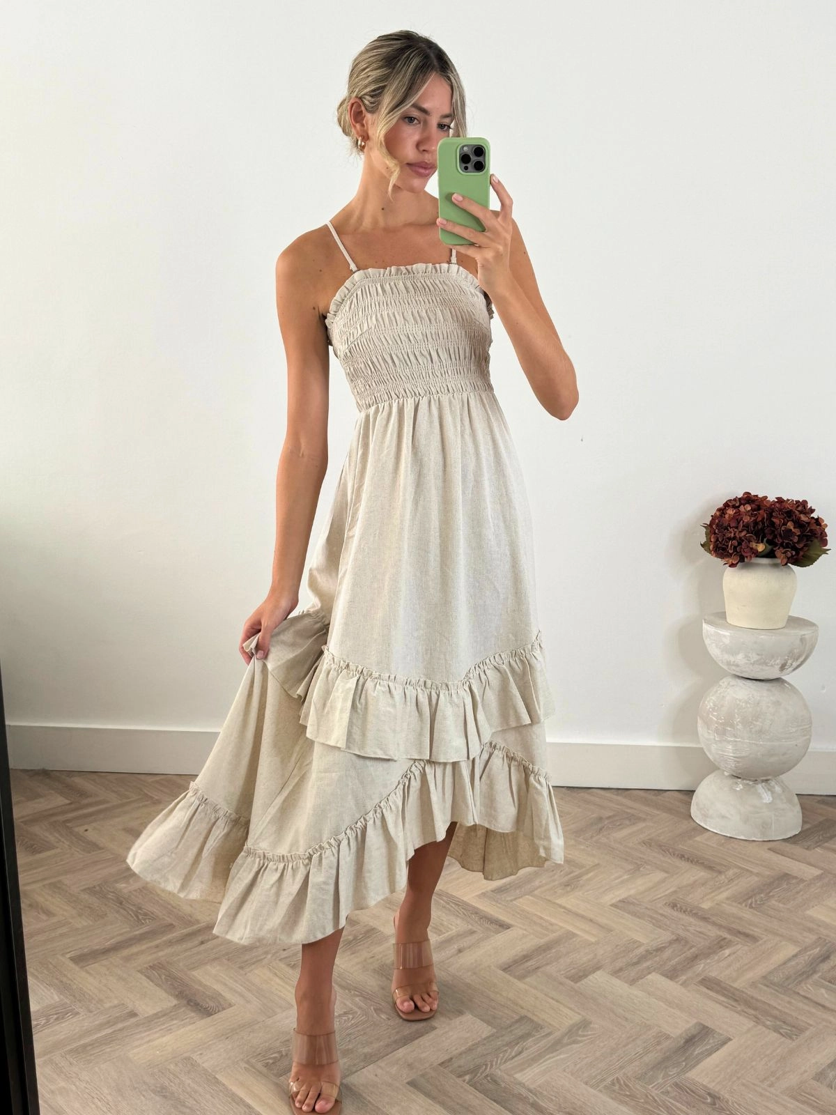 Bessie Shirred Frill Midi Dress in Cream Simple formal dress Timeless Line