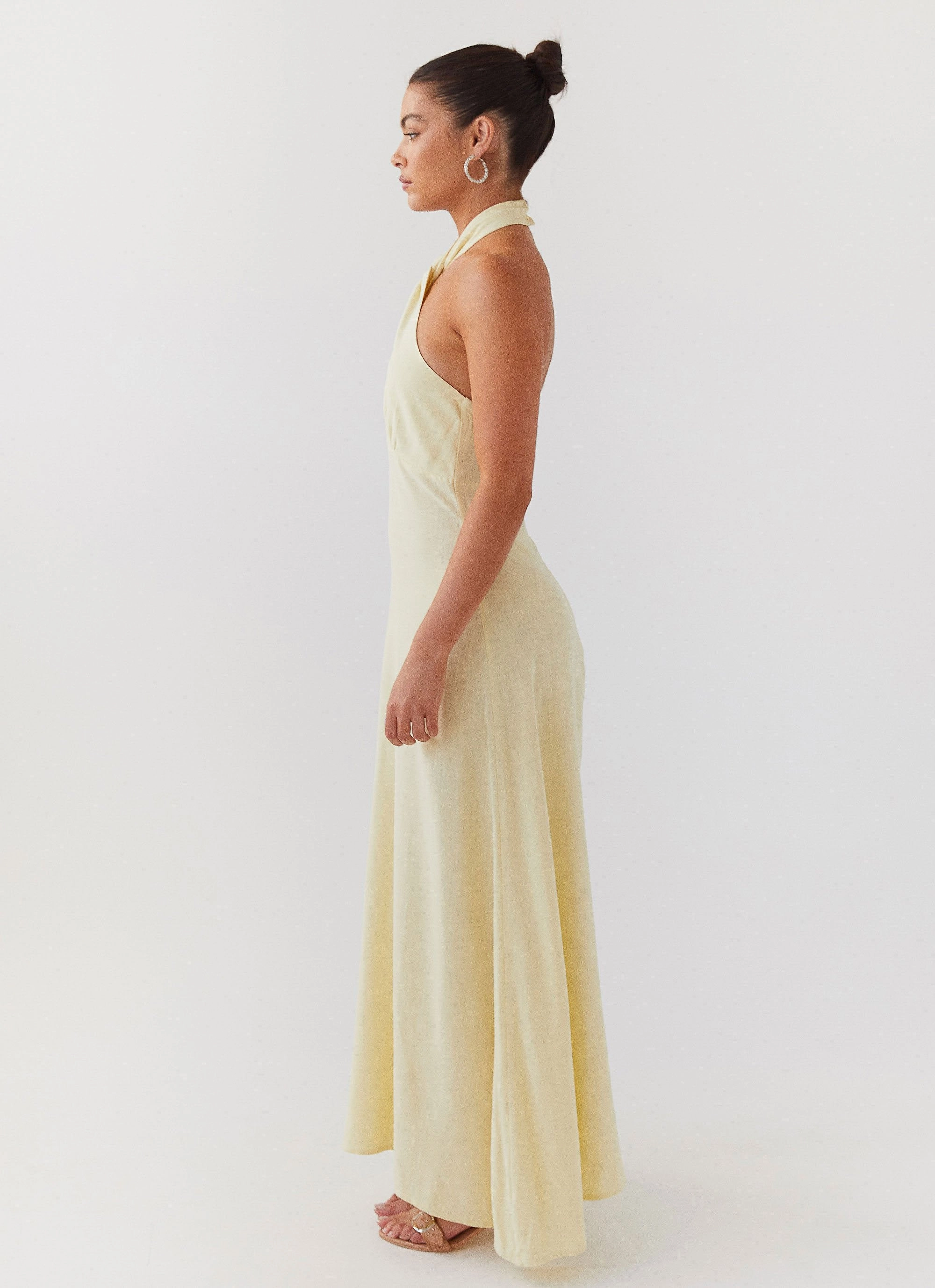 Adrienne Linen Maxi Dress - Lemon Feminine Line Elegant Waist Design