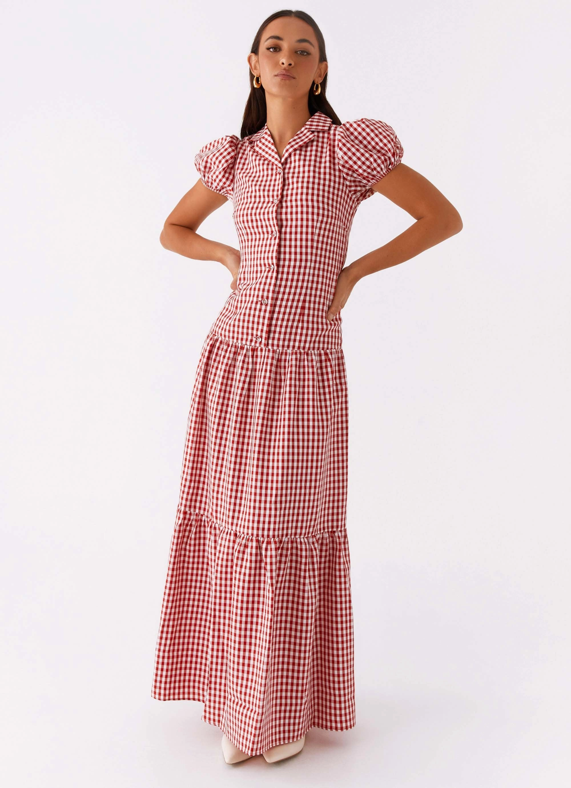 Trendy Waistband Minimal Fit Verity Maxi Dress - Red Gingham