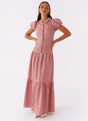 Trendy Waistband Minimal Fit Verity Maxi Dress - Red Gingham