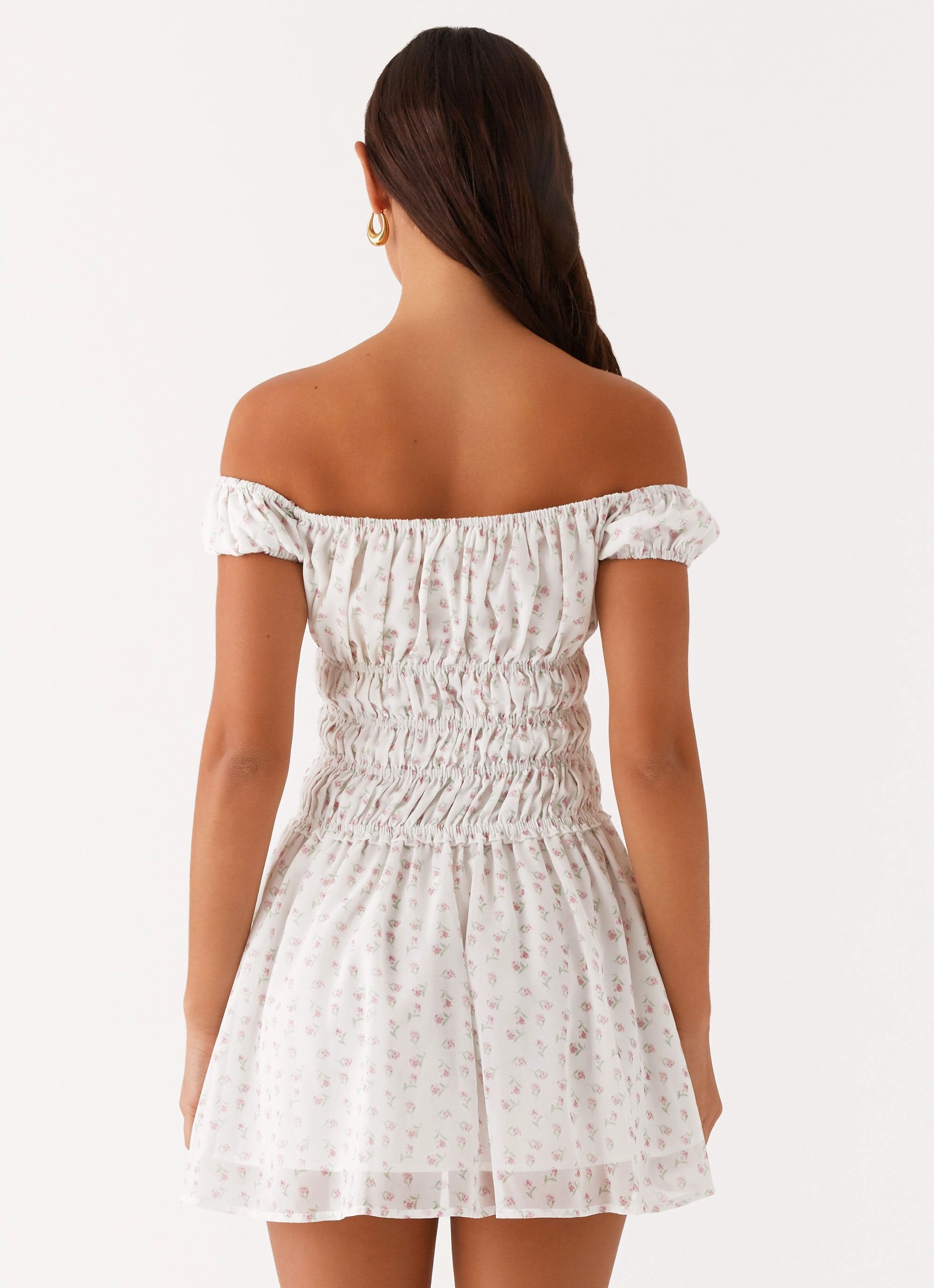 Total Bliss Shirred Mini Dress - White Floral Air Touch