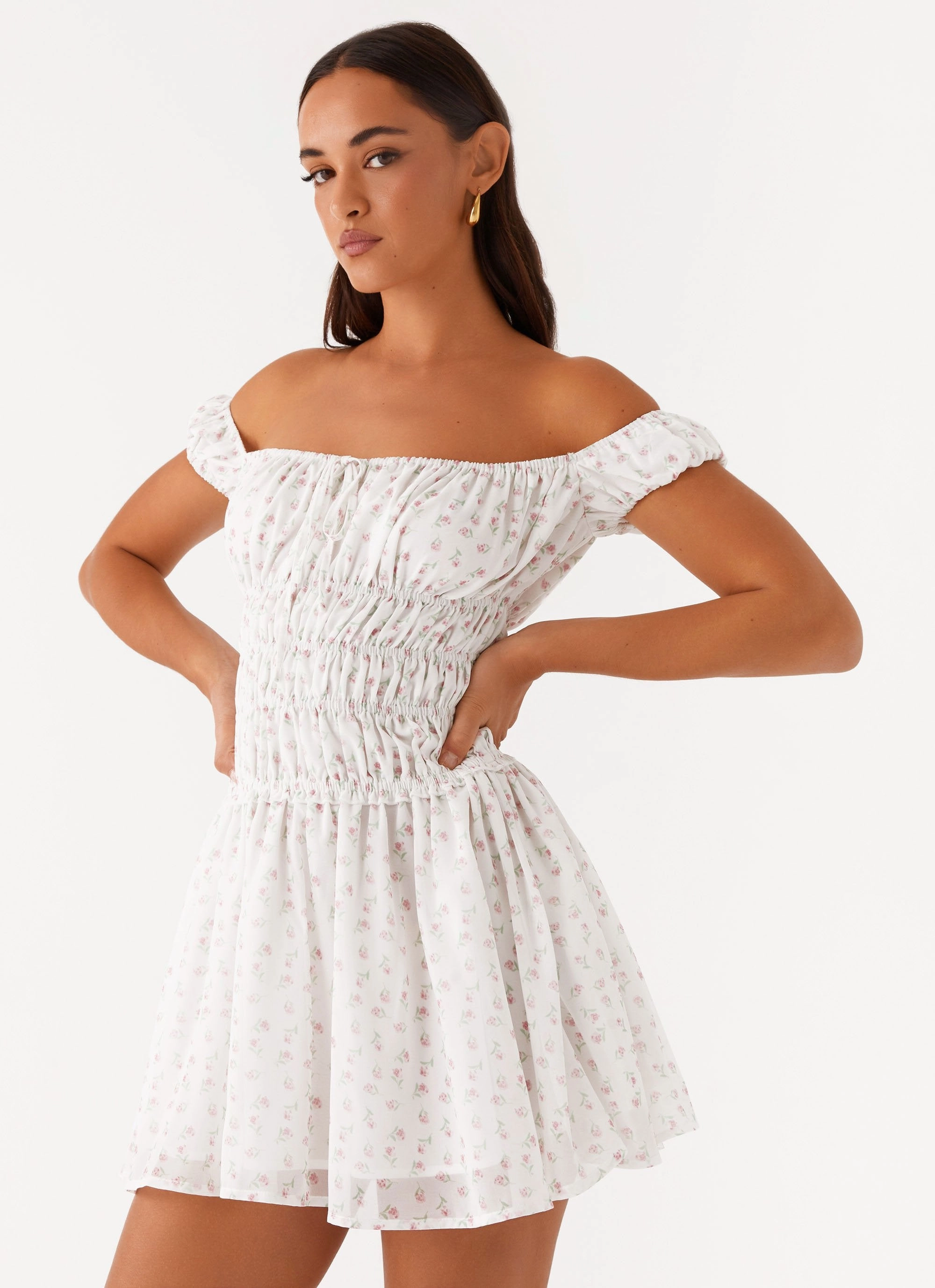 Total Bliss Shirred Mini Dress - White Floral Ankle-length Wardrobe-Staple