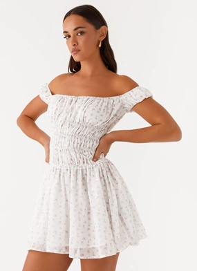 Total Bliss Shirred Mini Dress - White Floral Ankle-length Wardrobe-Staple