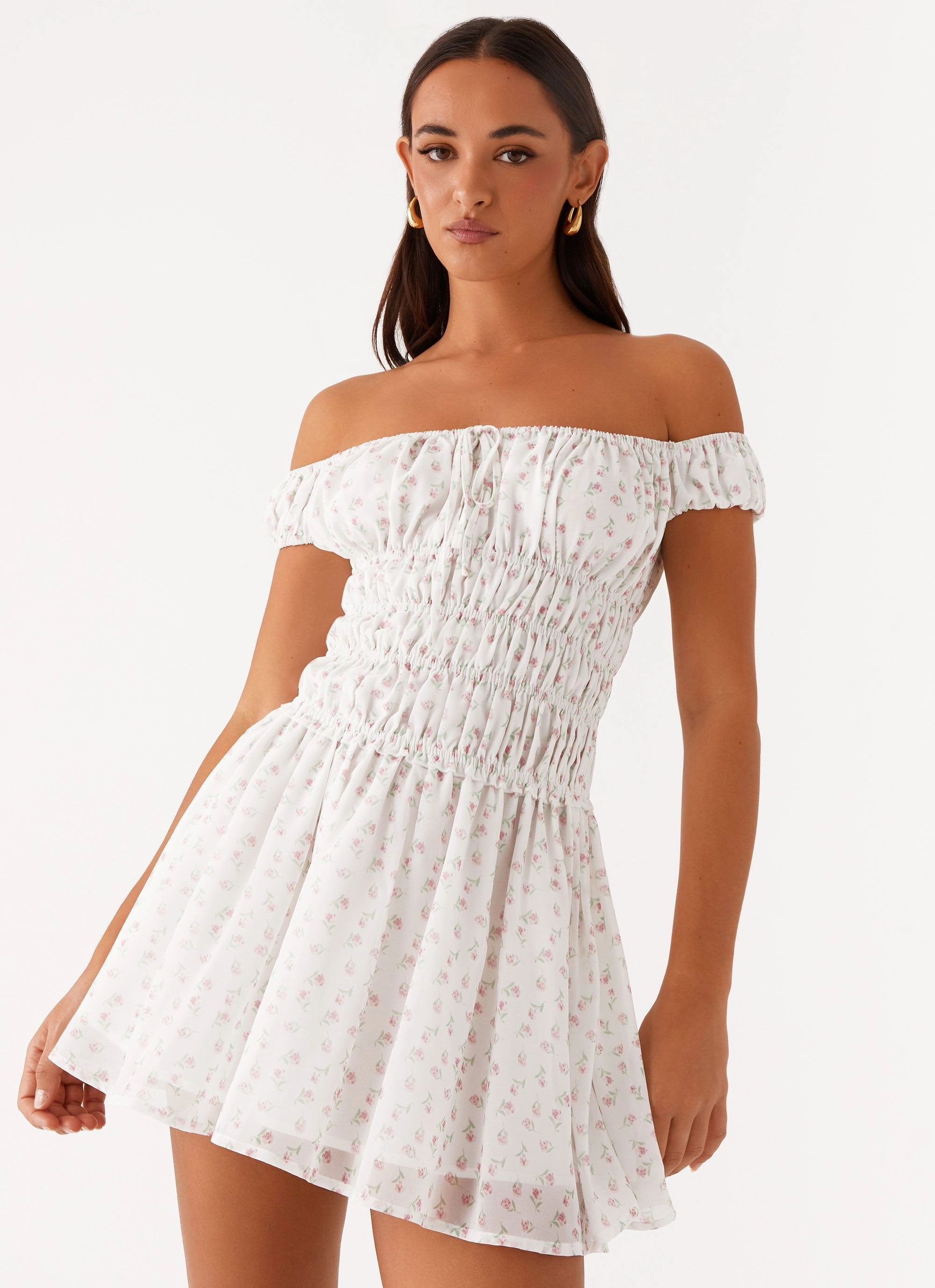 Delicate Finish CrinkleResistantWeave Total Bliss Shirred Mini Dress - White Floral